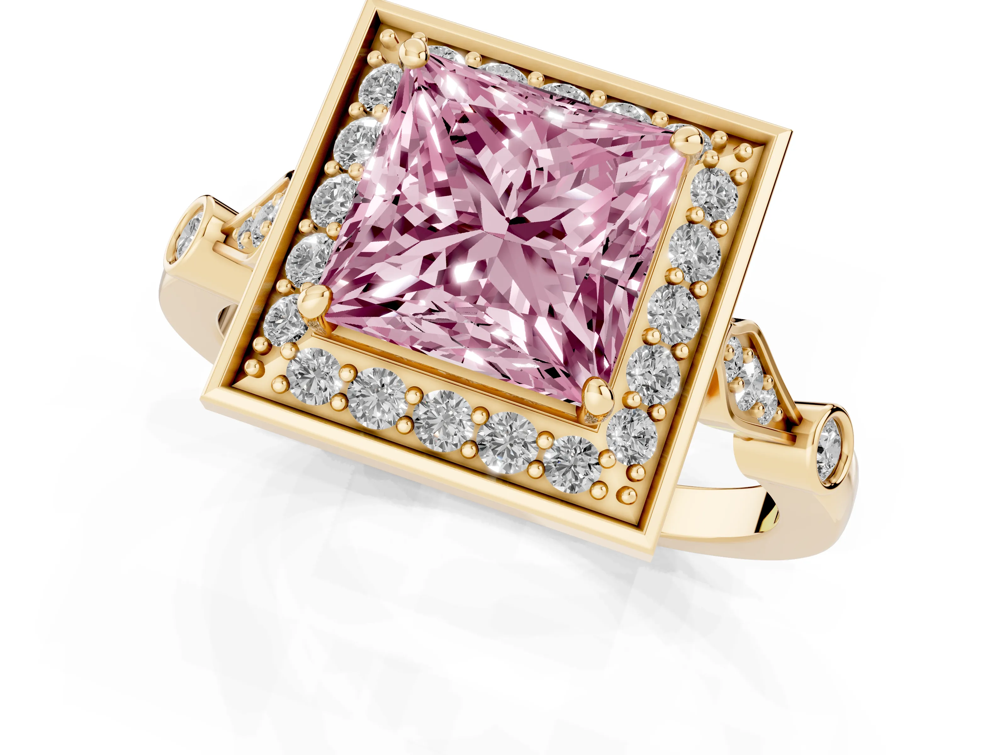 Fancy Pink Princess Cut Diamond Halo Engagement Ring Set in Yellow gold with Twisted Band and Prong Setting