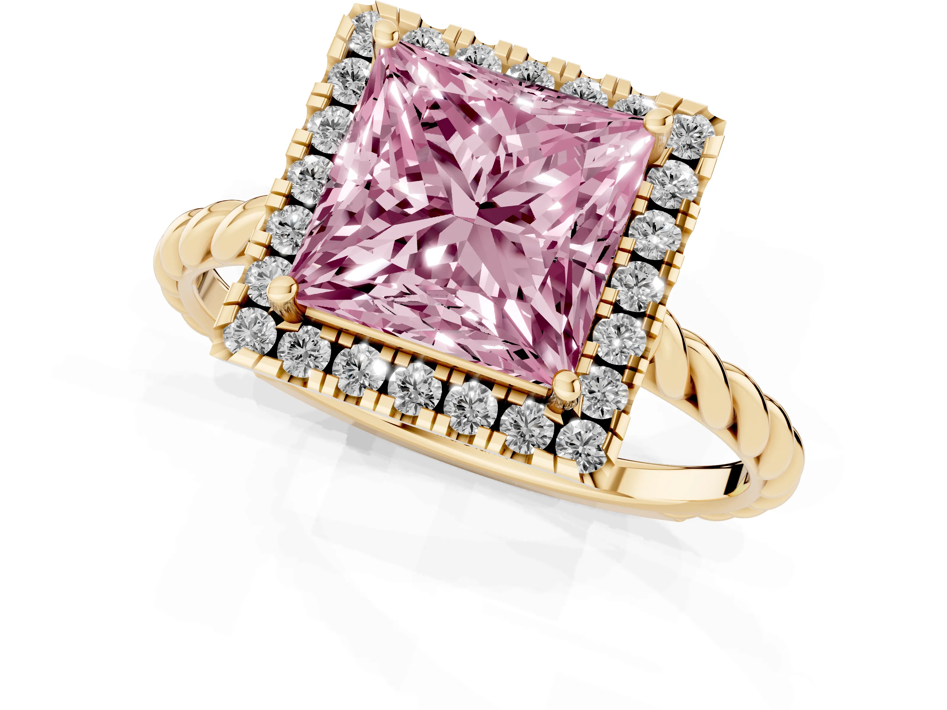 Fancy Pink Princess Cut Diamond Halo Ring Set in Yellow gold with Plain Twisted Band