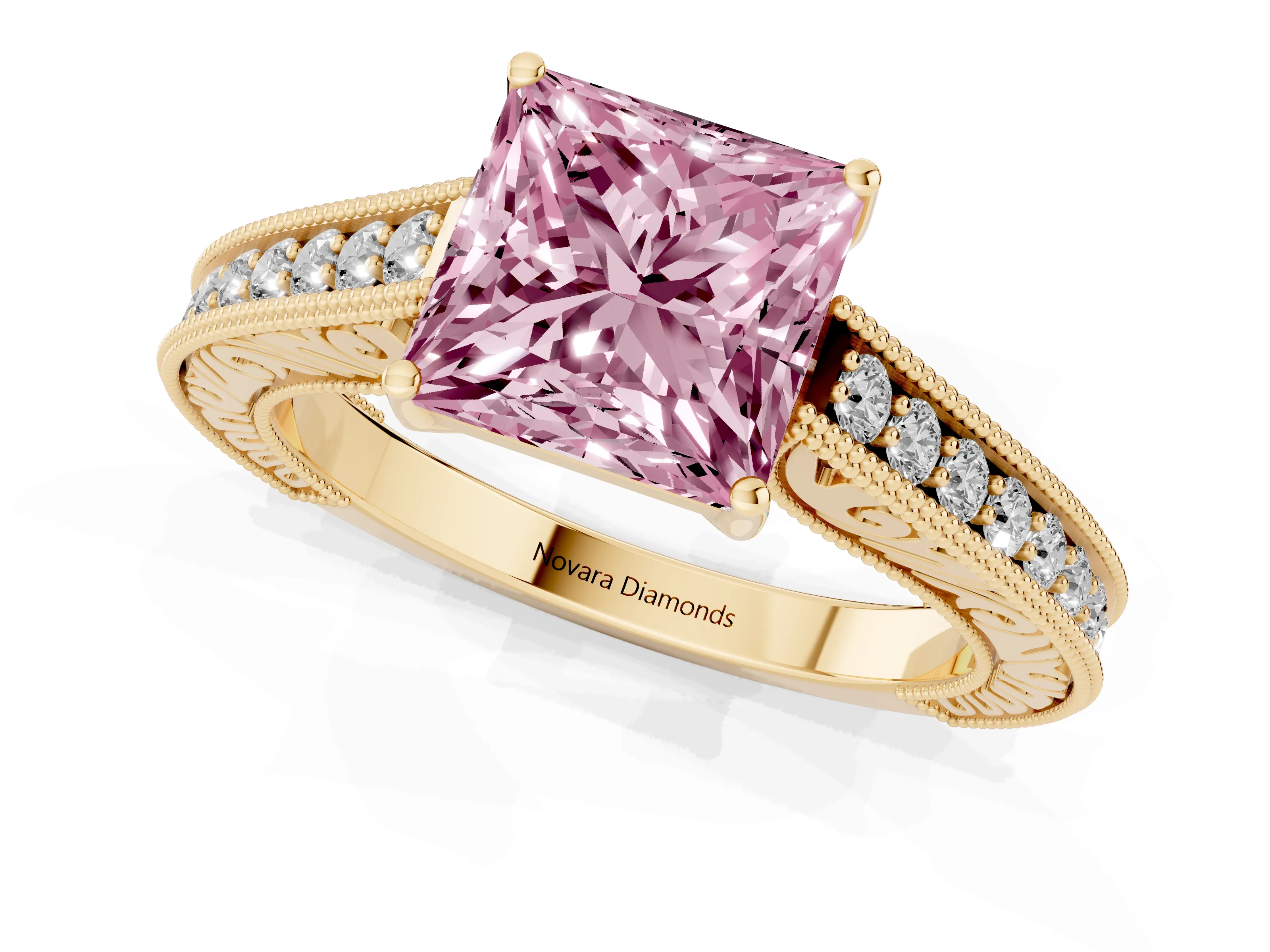 Fancy Pink Princess Cut Diamond Milgrain Pavé Band Solitaire Ring Set in Yellow gold with Prong Setting