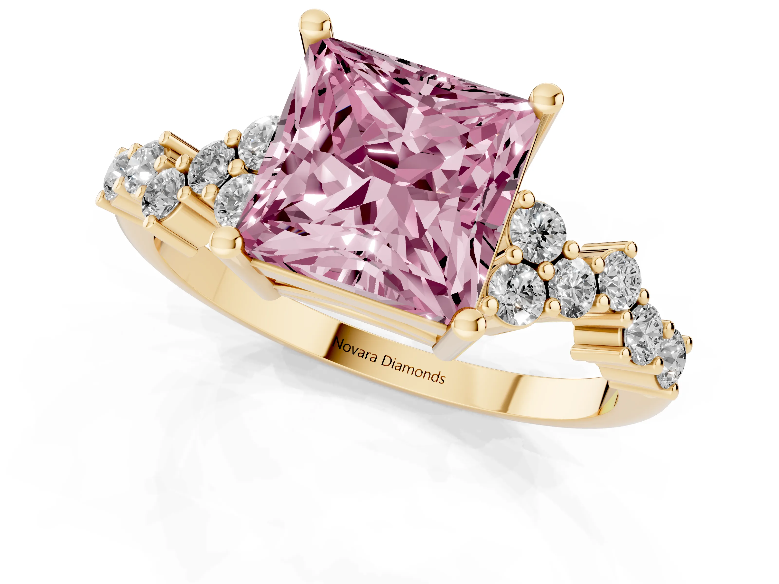 Fancy Pink Princess Cut Diamond Ring Set in Yellow gold with Scattered Round Accents