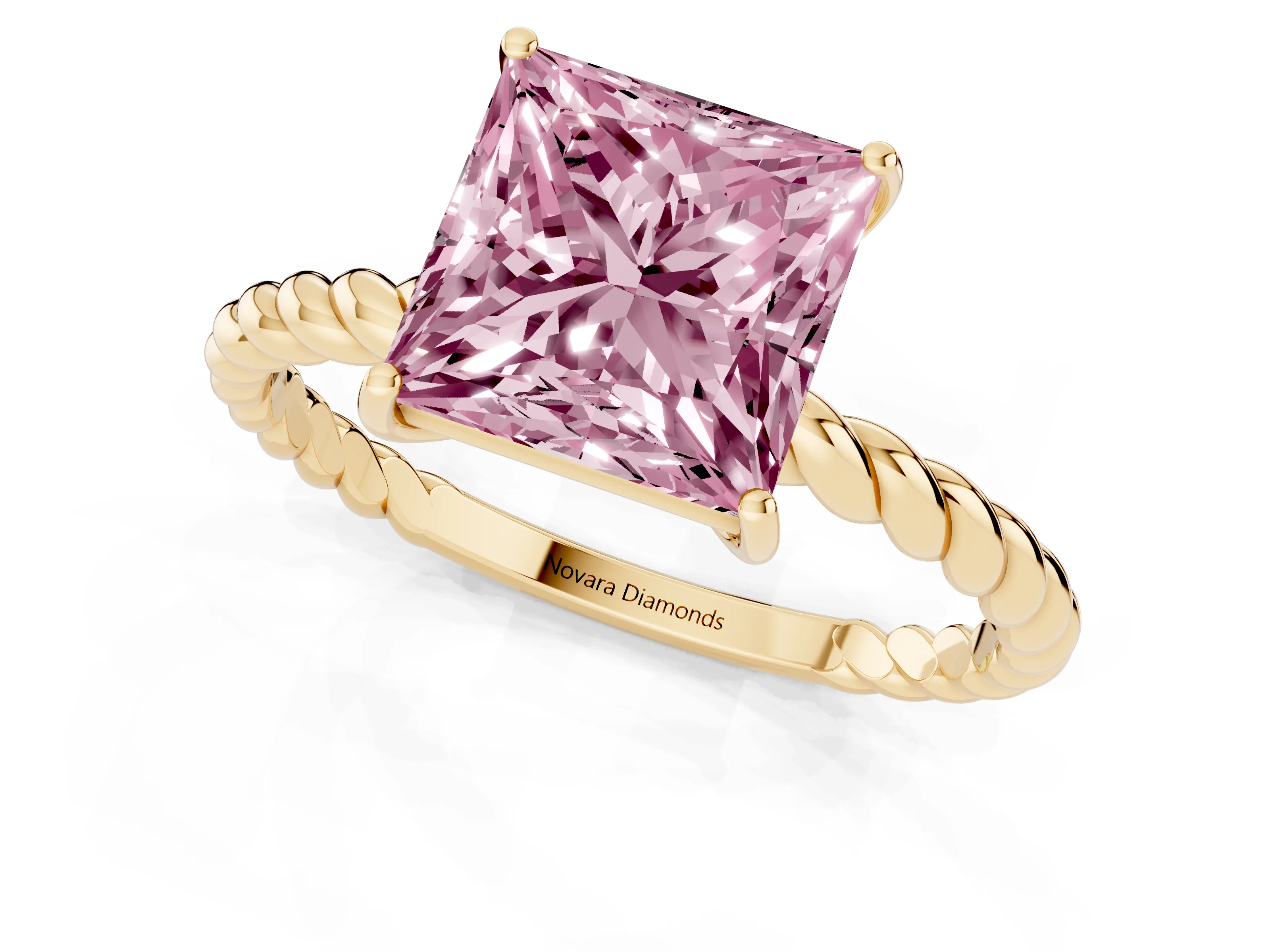 Fancy Pink Princess Cut Diamond Solitaire Ring Set in Yellow gold with Twist Band and Prong Setting