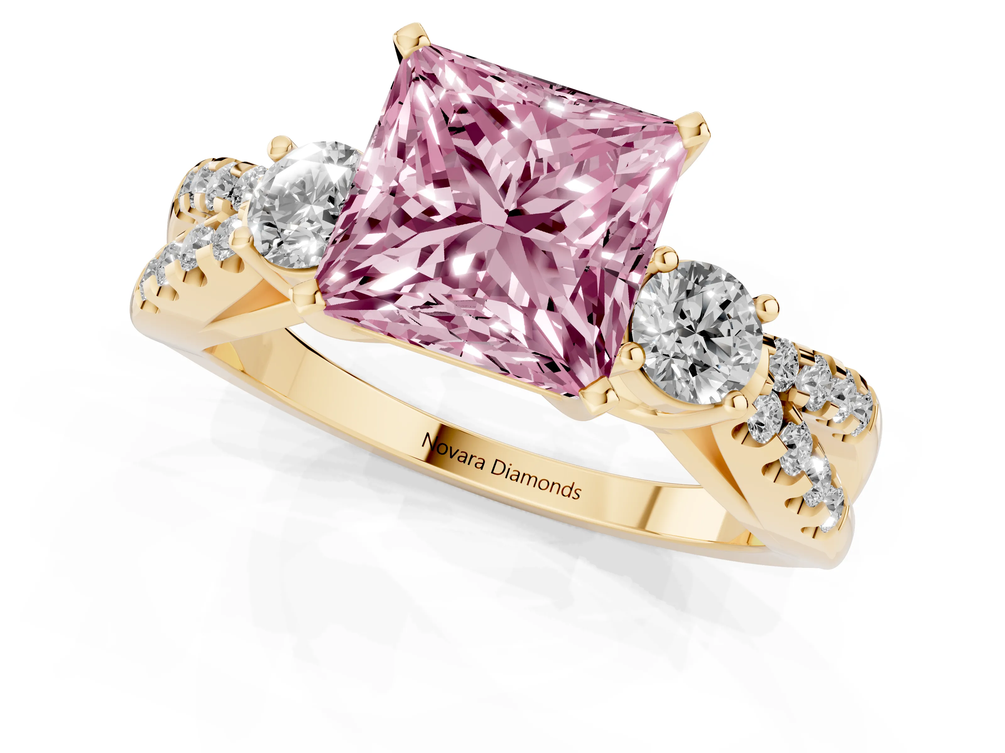 Fancy Pink Princess Cut Diamond Three-Stone Ring Set in Yellow gold with Pavé Split Shank and Prong Setting