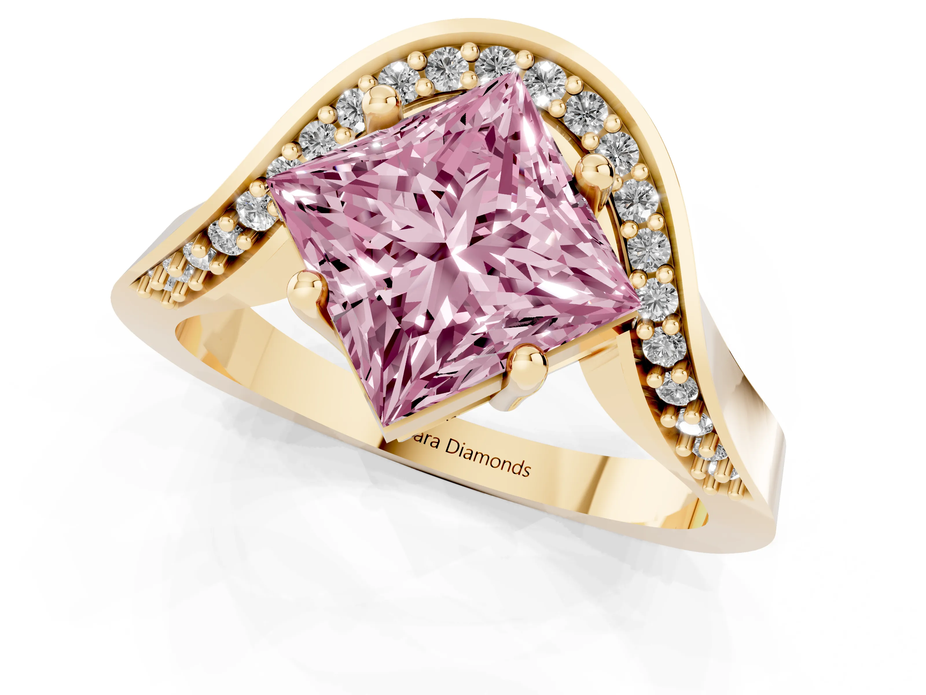 Fancy Pink Princess Cut Diamond Solitaire Engagement Ring Set in Yellow gold with Pavé Shoulders