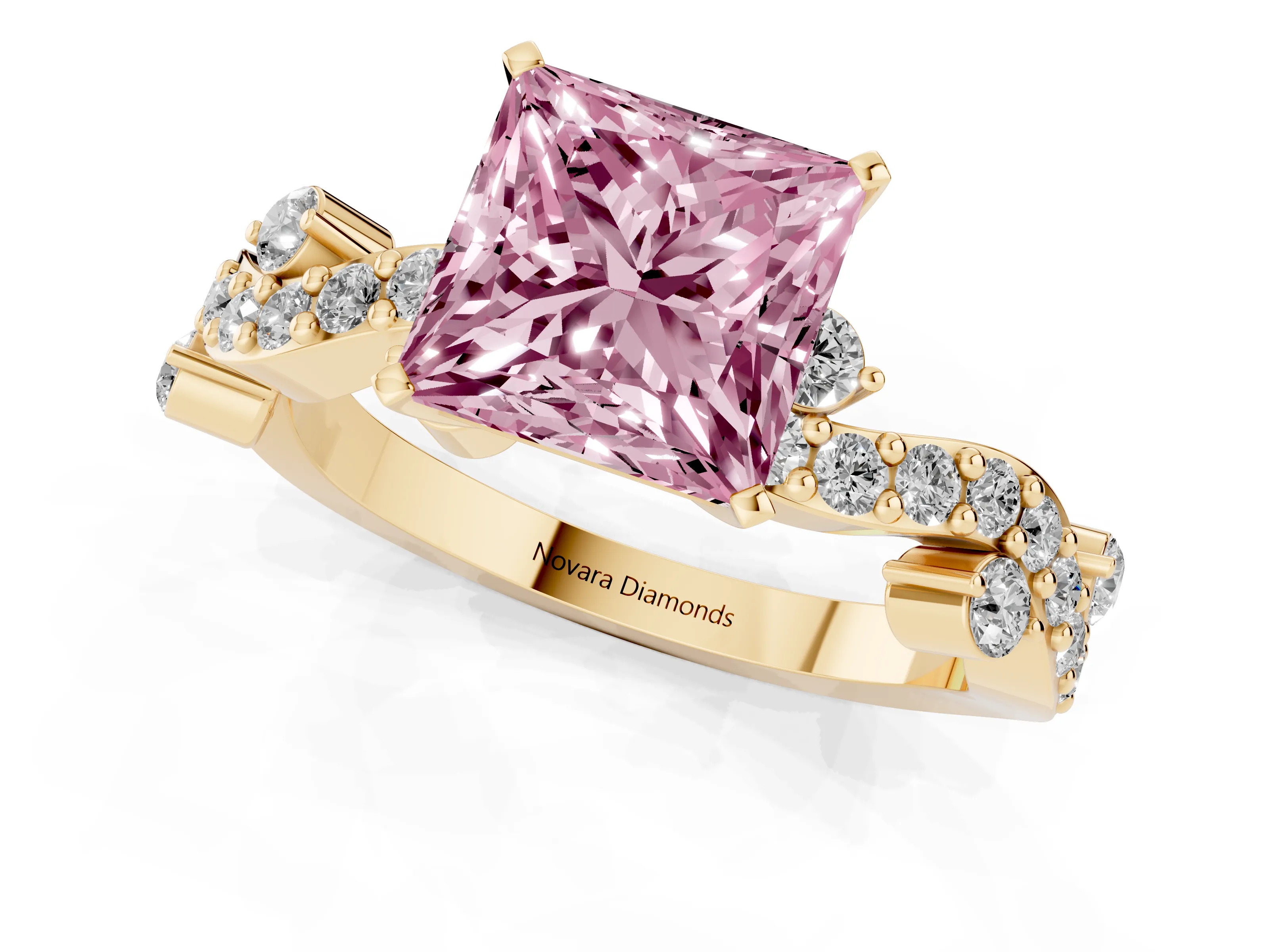 Fancy Pink Princess Cut Diamond Solitaire Twisted Band Set in Yellow gold with Pavé Setting