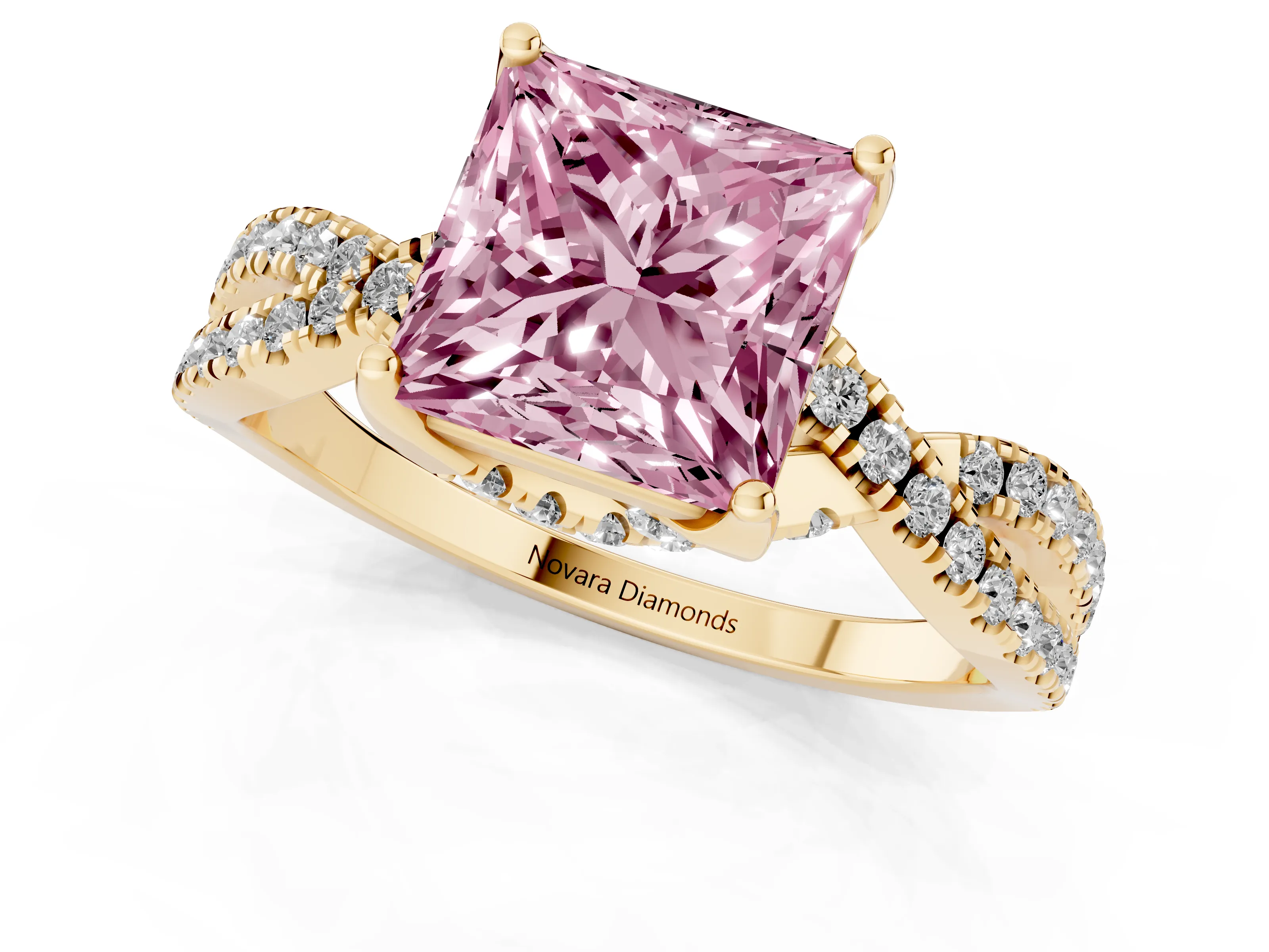 Fancy Pink Princess Cut Diamond Twist Pavé Solitaire Engagement Ring Set in Yellow gold with Prong Setting