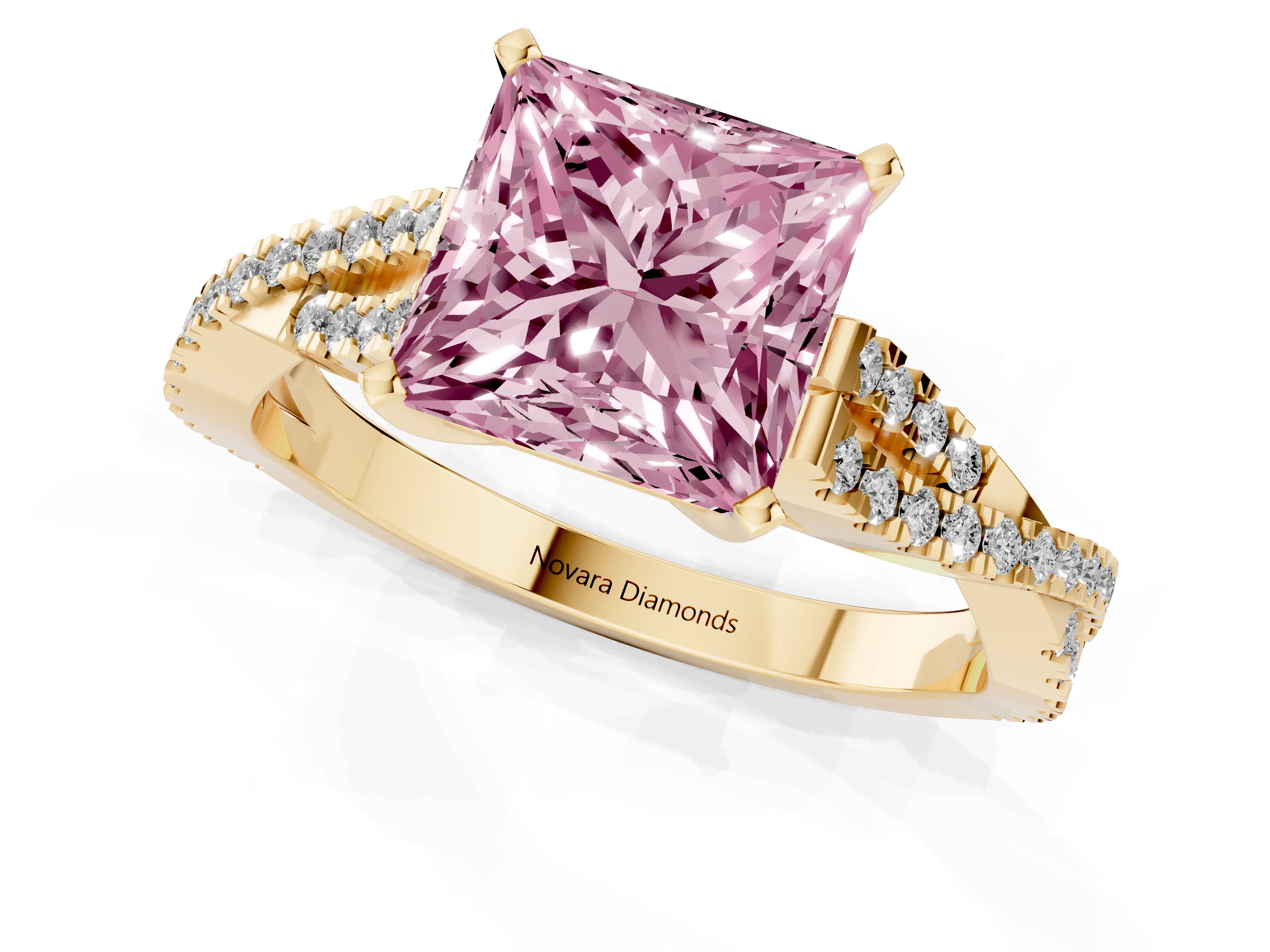 Fancy Pink Princess Cut Diamond Solitaire Engagement Ring Set in Yellow gold with Twisted Pavé Band and Prong Setting