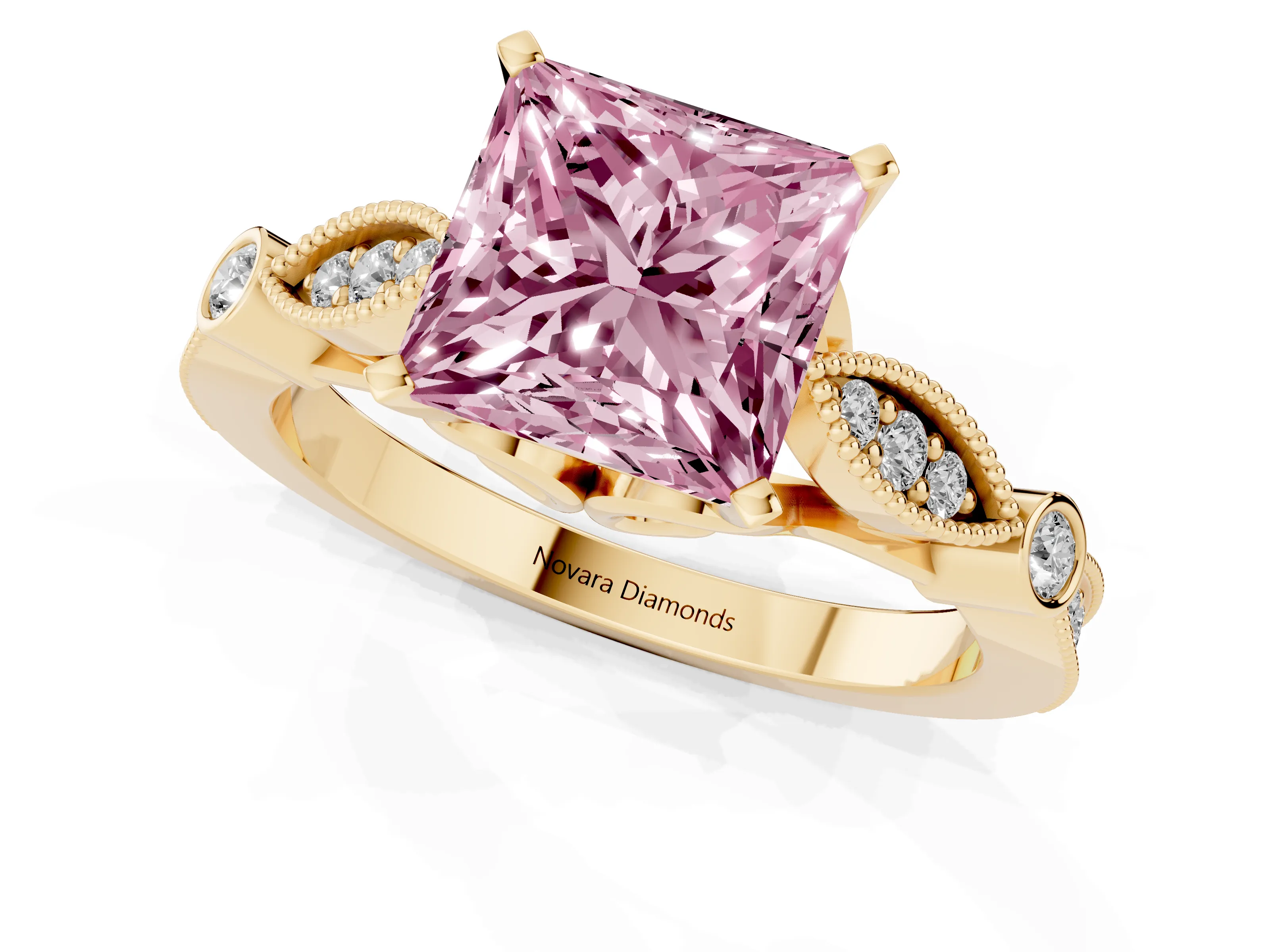 Fancy Pink Princess Cut Diamond Solitaire Ring Set in Yellow gold with Milgrain Marquise and Bezel Accents