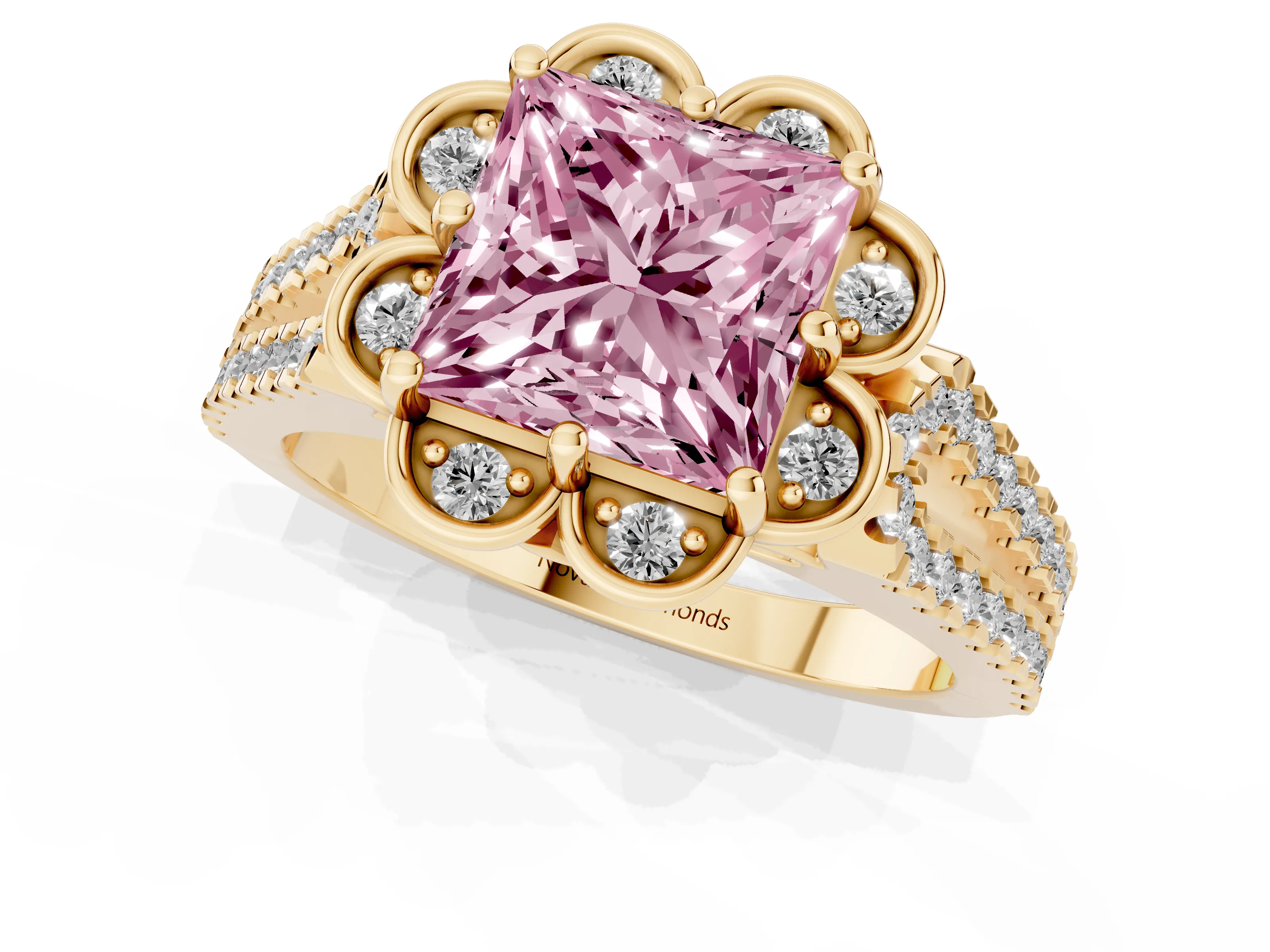 Fancy Pink Princess Cut Diamond Floral Halo Split Shank Engagement Ring Set in Yellow gold with Pavé Shank