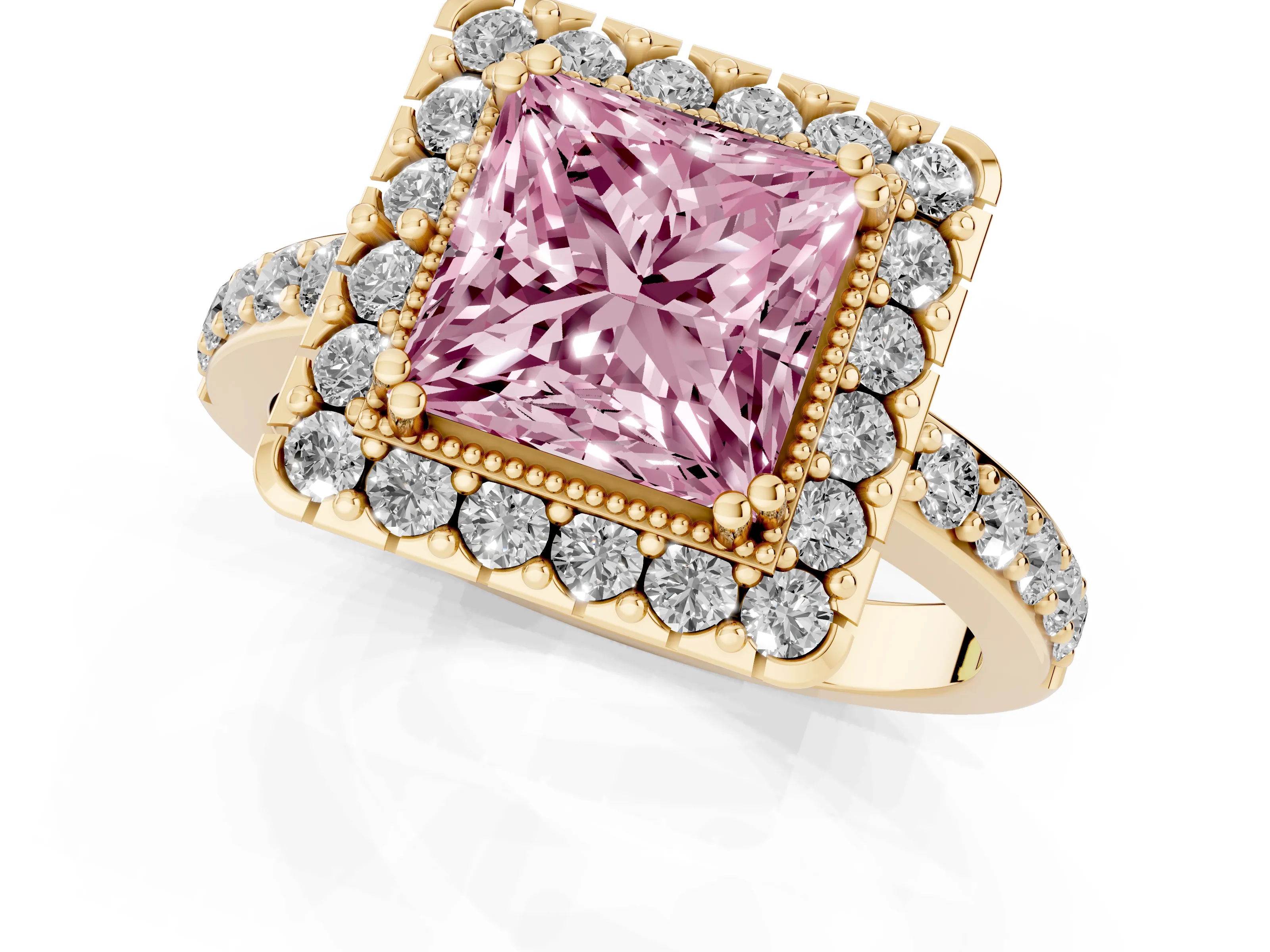 Fancy Pink Princess Cut Diamond Halo Ring Set in Yellow gold with Pavé Shank and Prong Setting