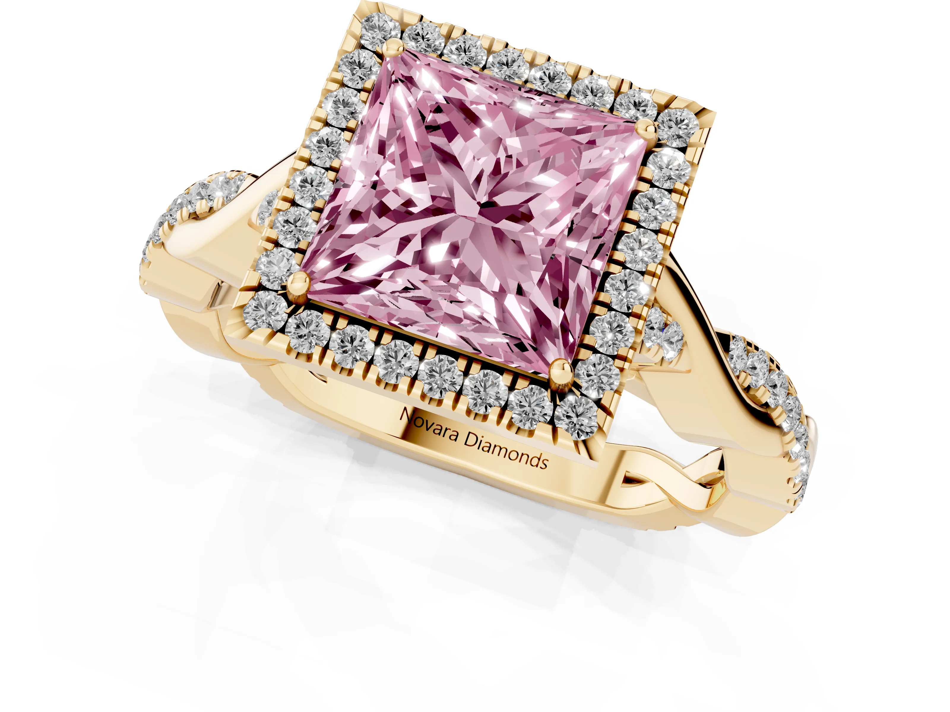 Fancy Pink Princess Cut Diamond Halo Twist Band Solitaire Ring Set in Yellow gold with Prong Setting