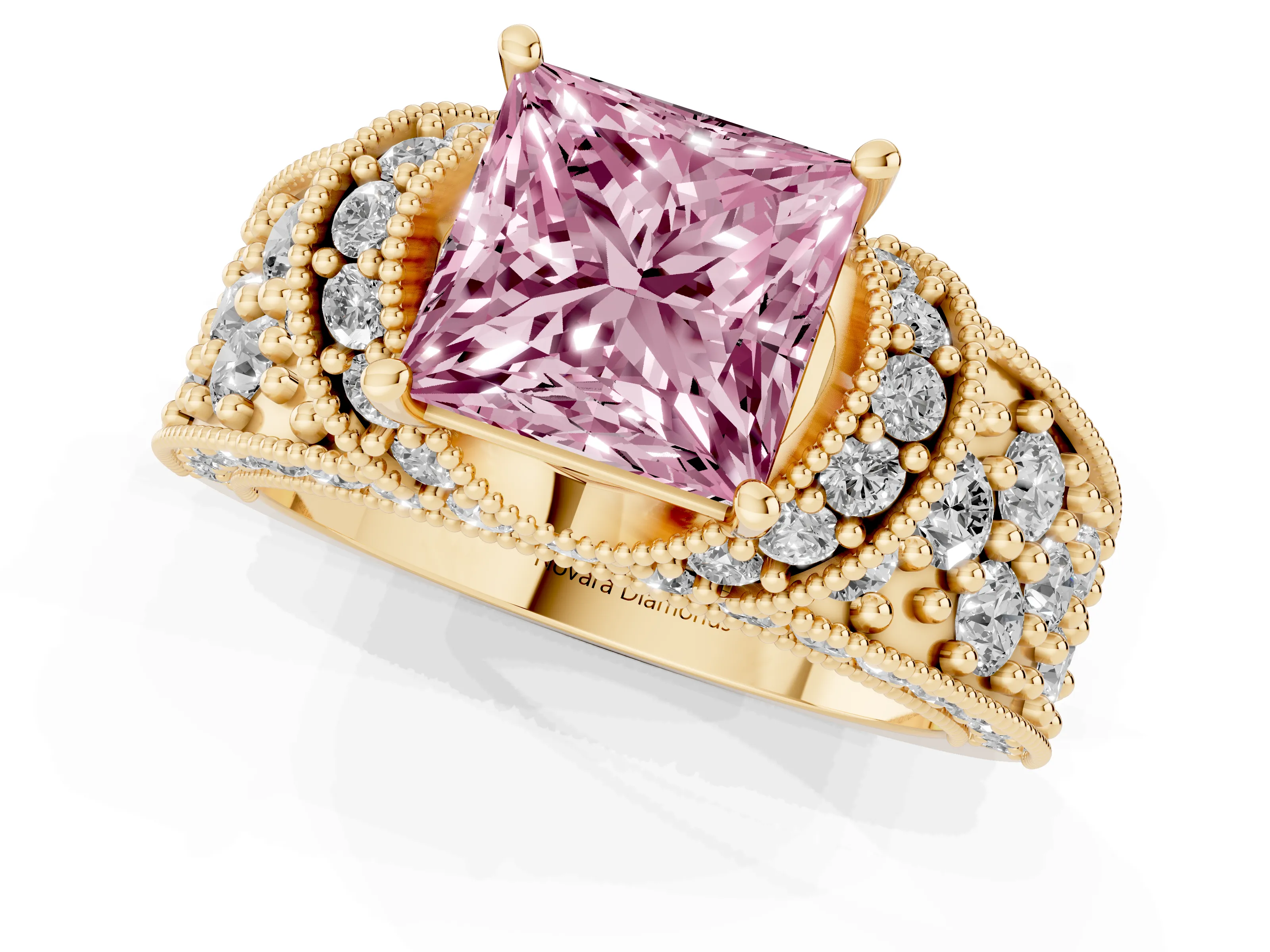Fancy Pink Princess Cut Diamond Milgrain Halo Pavé Engagement Ring Set in Yellow gold with Prong Setting