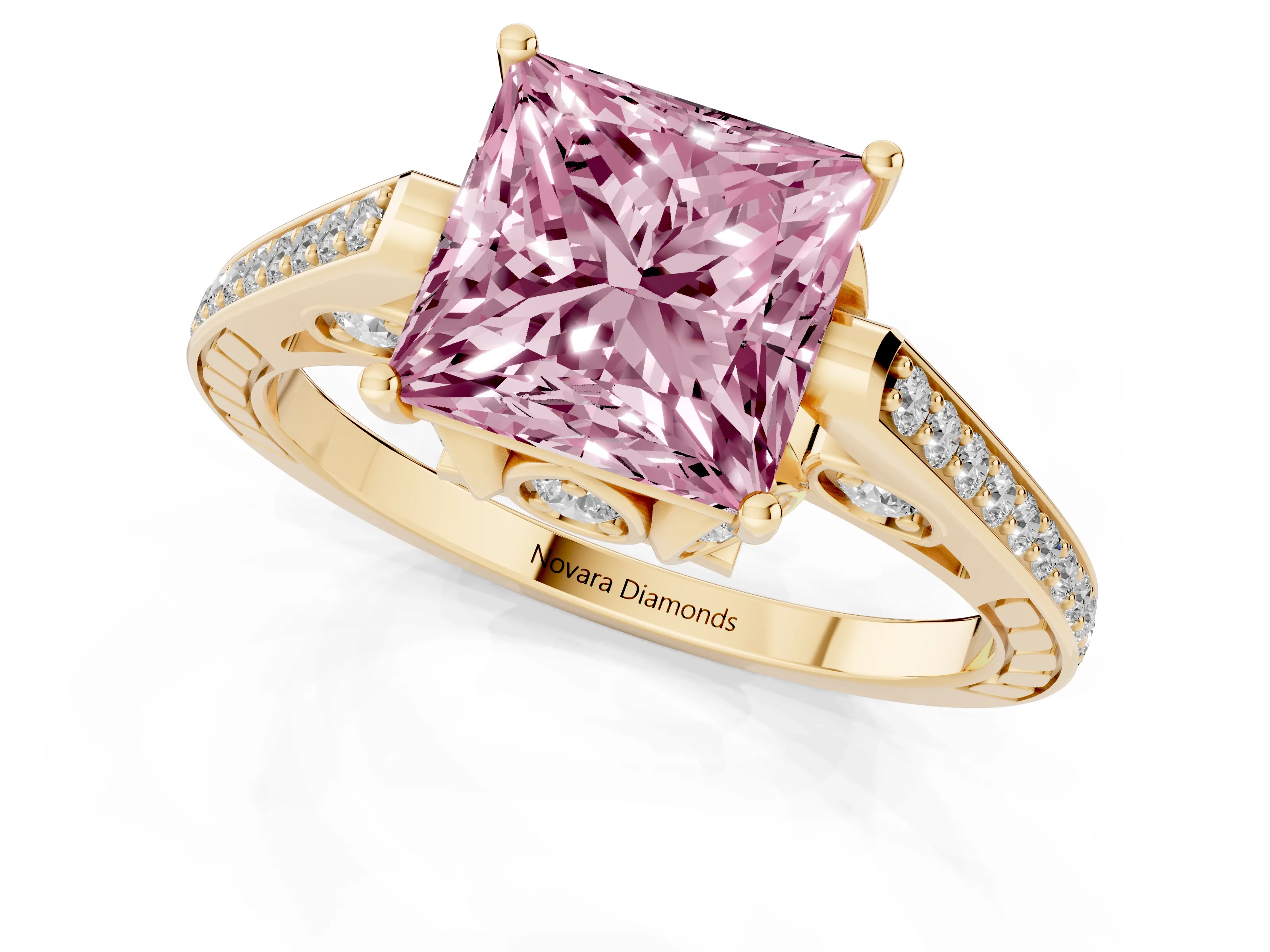 Fancy Pink Princess Cut Diamond Cathedral Pavé Engagement Ring Set in Yellow gold with Prong Setting