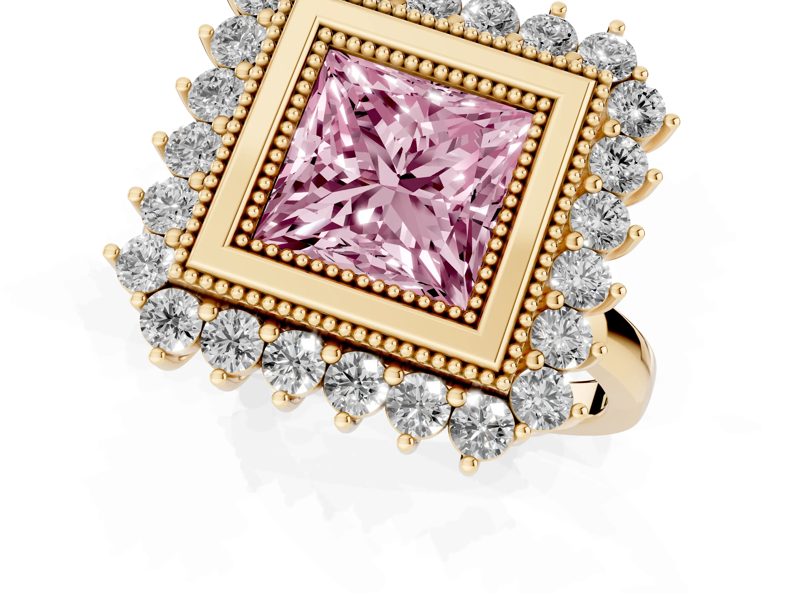 Fancy Pink Princess Cut Diamond Halo Ring Set in Yellow gold with Milgrain Edge and Round Prong Setting