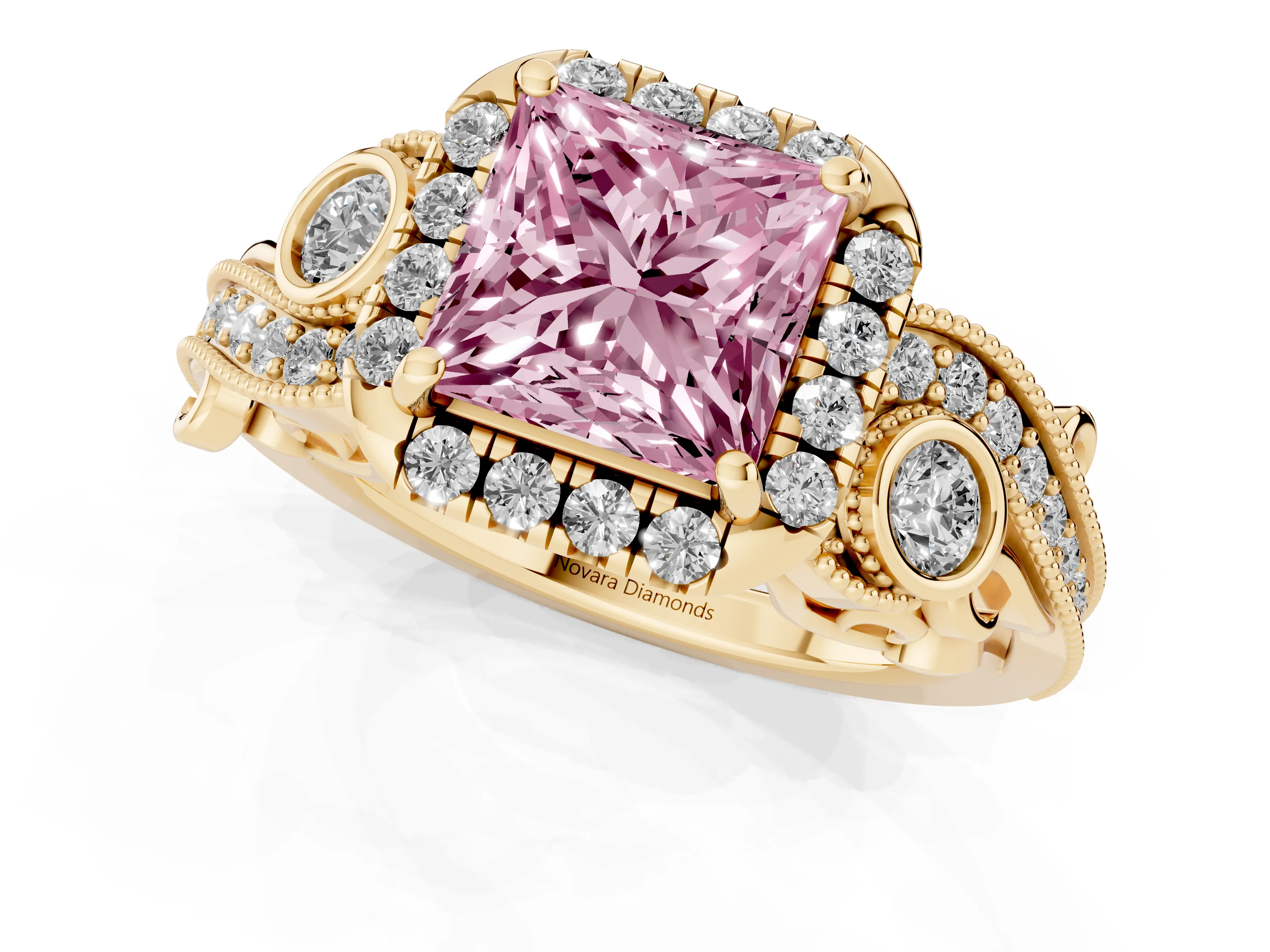 Fancy Pink Princess Cut Diamond Halo Ring Set in Yellow gold with Milgrain Pavé Band and Prong Setting