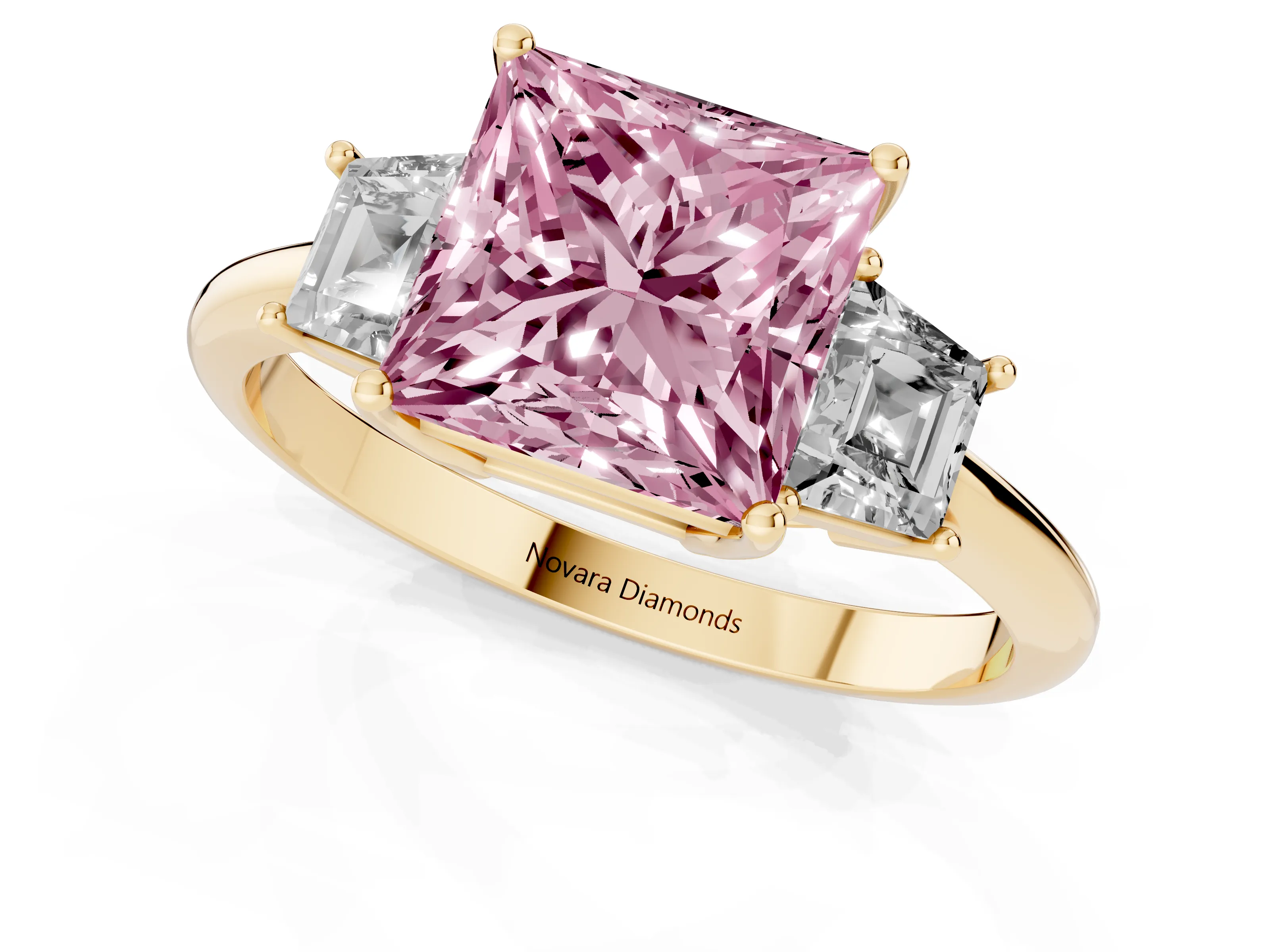 Fancy Pink Princess Cut Diamond Three-Stone Ring Set in Yellow gold with Trapezoid Side Stones and Prong Setting