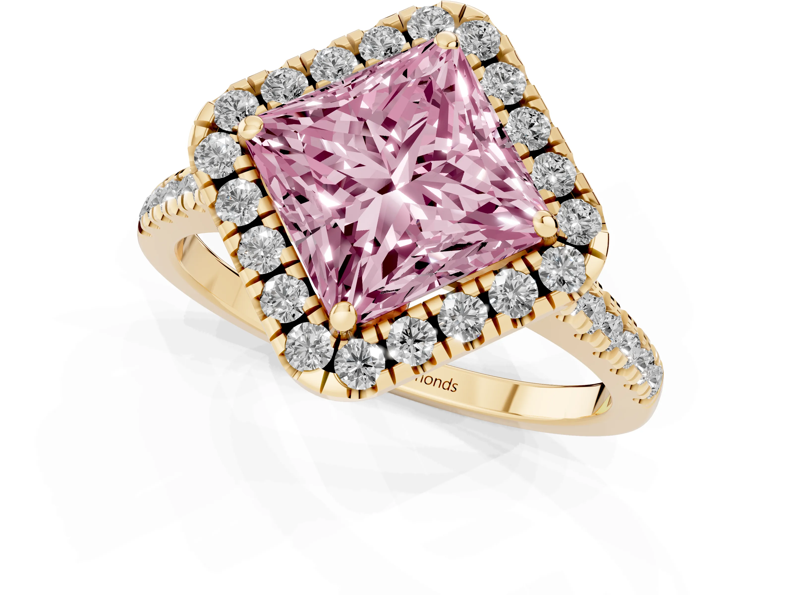 Fancy Pink Princess Cut Diamond Cushion Halo Ring Set in Yellow gold with Pavé Band