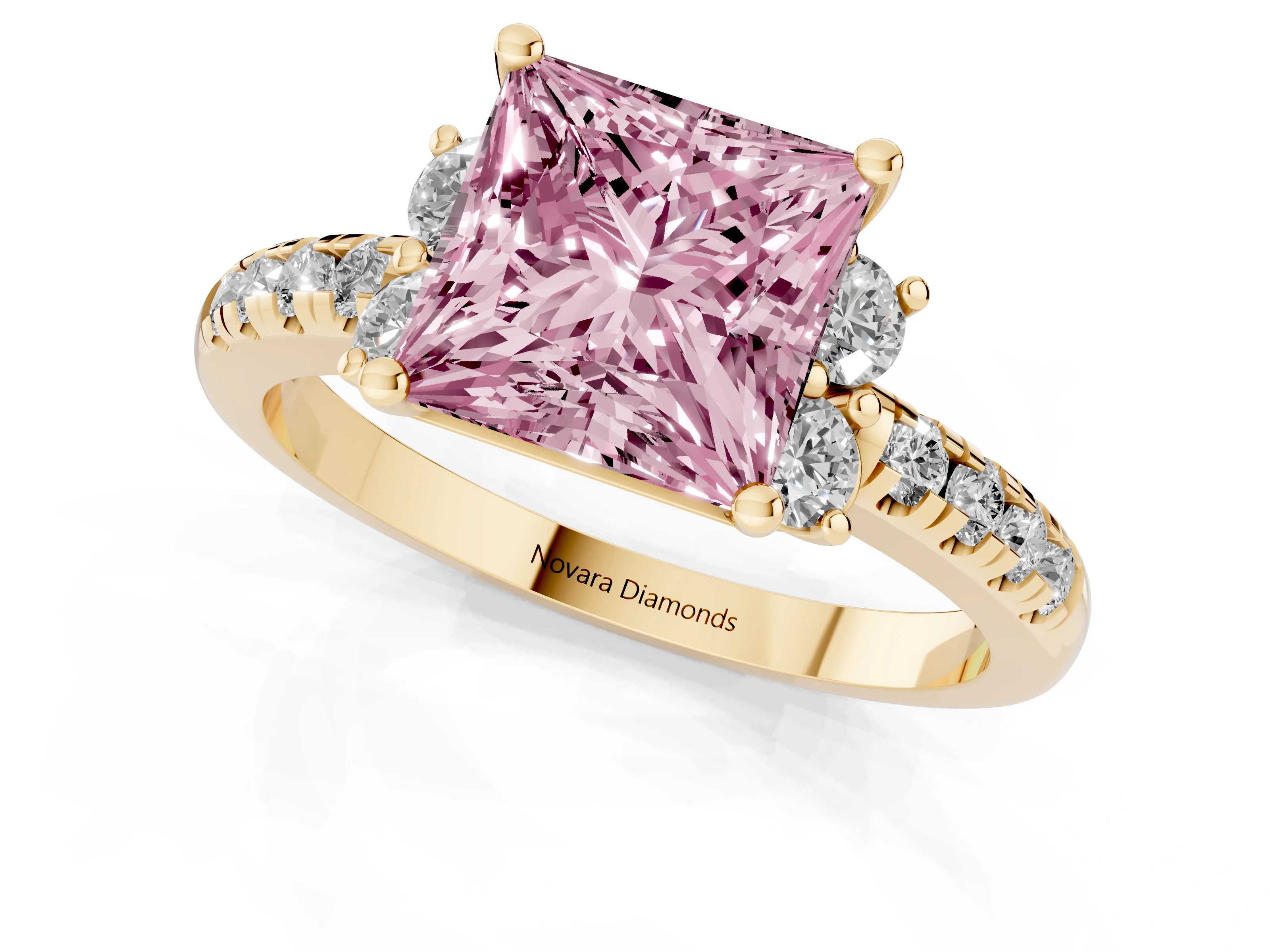 Fancy Pink Princess Cut Diamond Three-Stone Pavé Ring Set in Yellow gold with Prong Setting