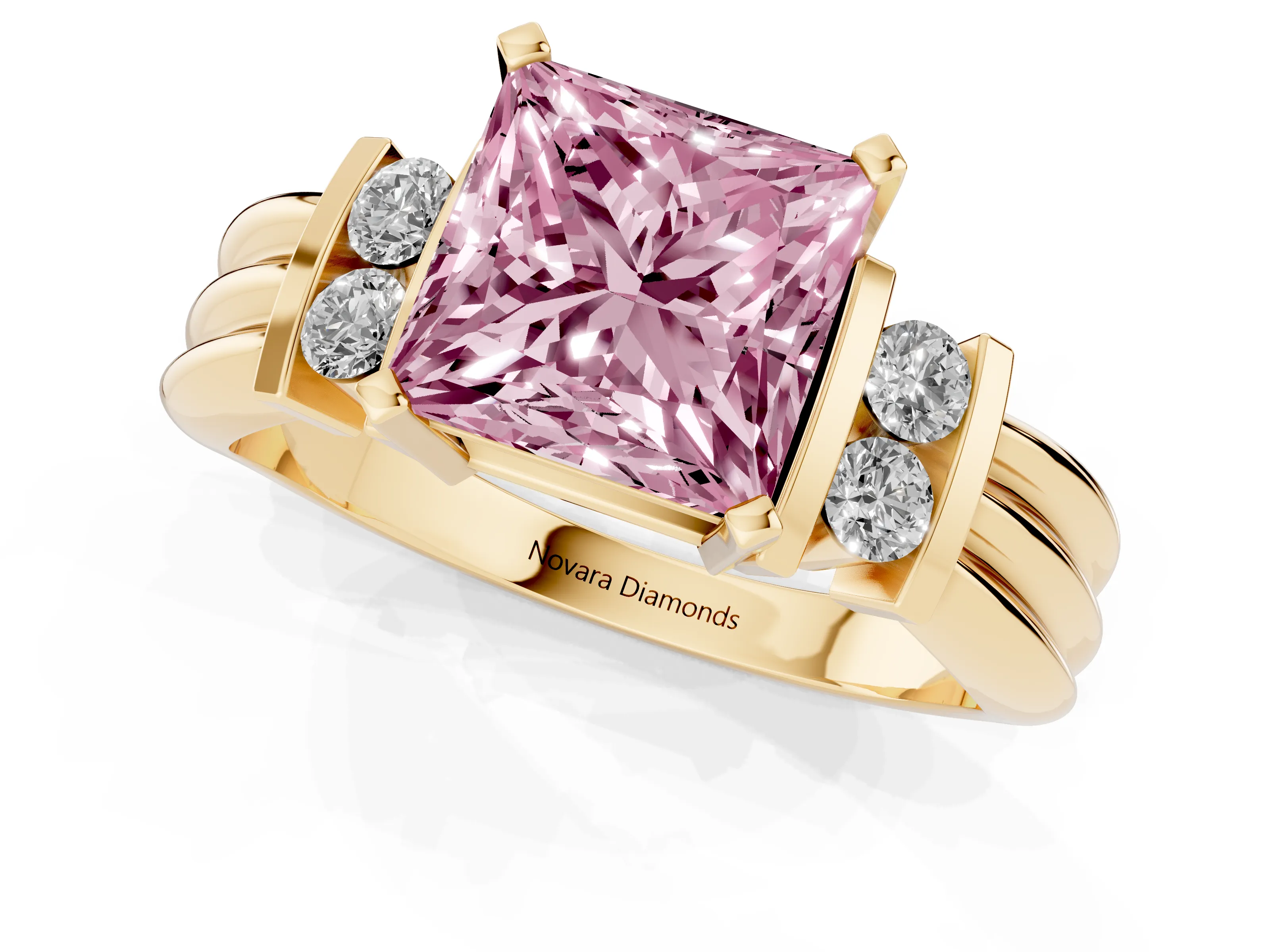 Fancy Pink Three-Stone Princess Cut Diamond Channel Set Ring Set in Yellow gold with Bar Prongs