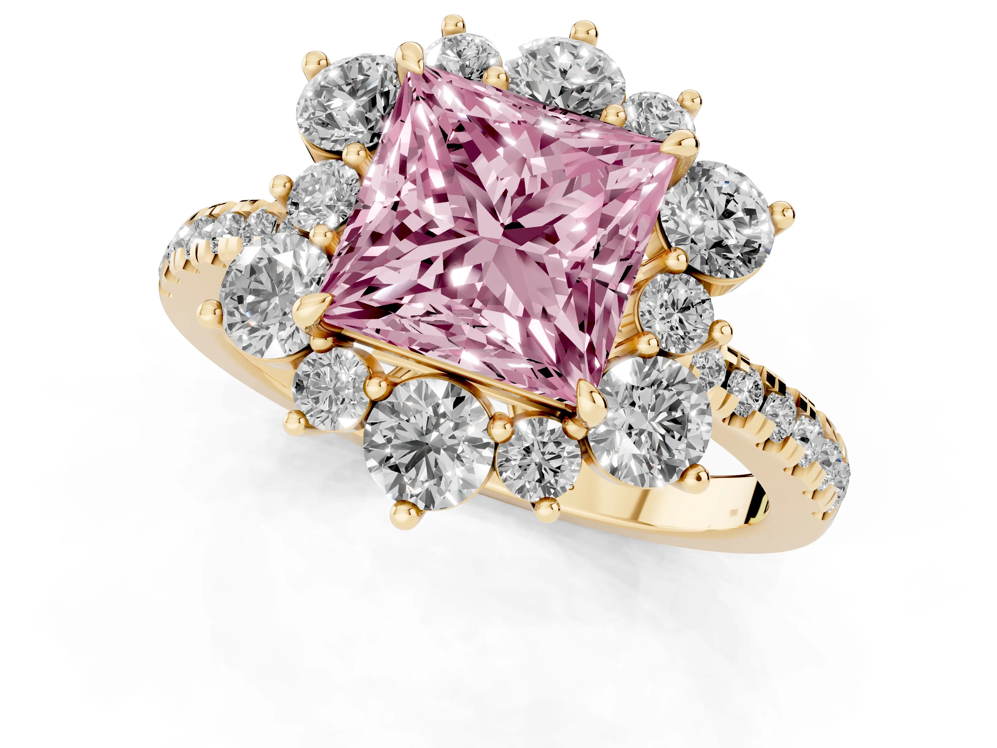 Fancy Pink Princess Cut Diamond Floral Halo Ring Set in Yellow gold with Round Pavé Band and Prong Setting