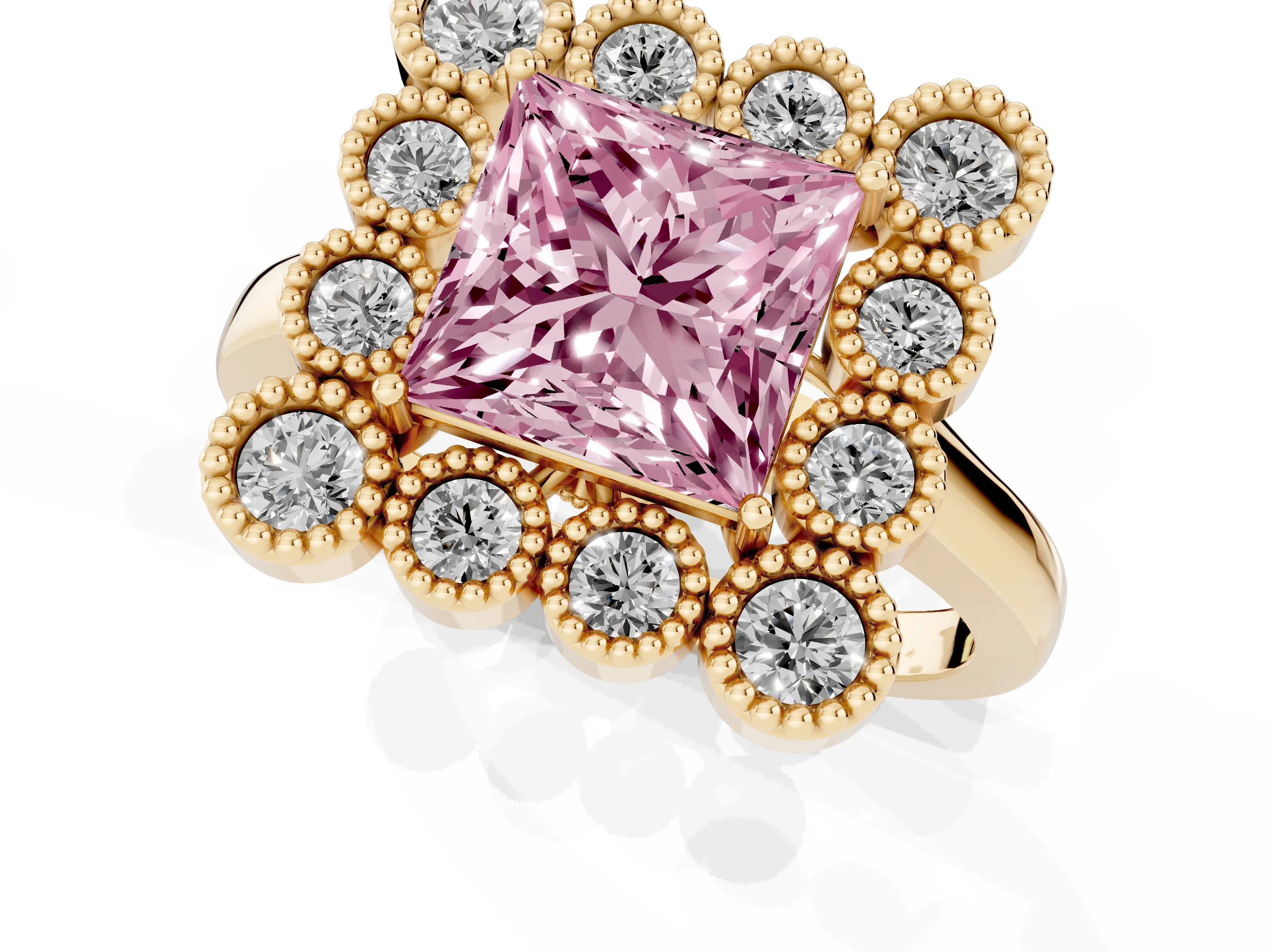 Fancy Pink Princess Cut Diamond Cluster Halo Ring Set in Yellow gold with Milgrain Bezel Accents and Plain Band