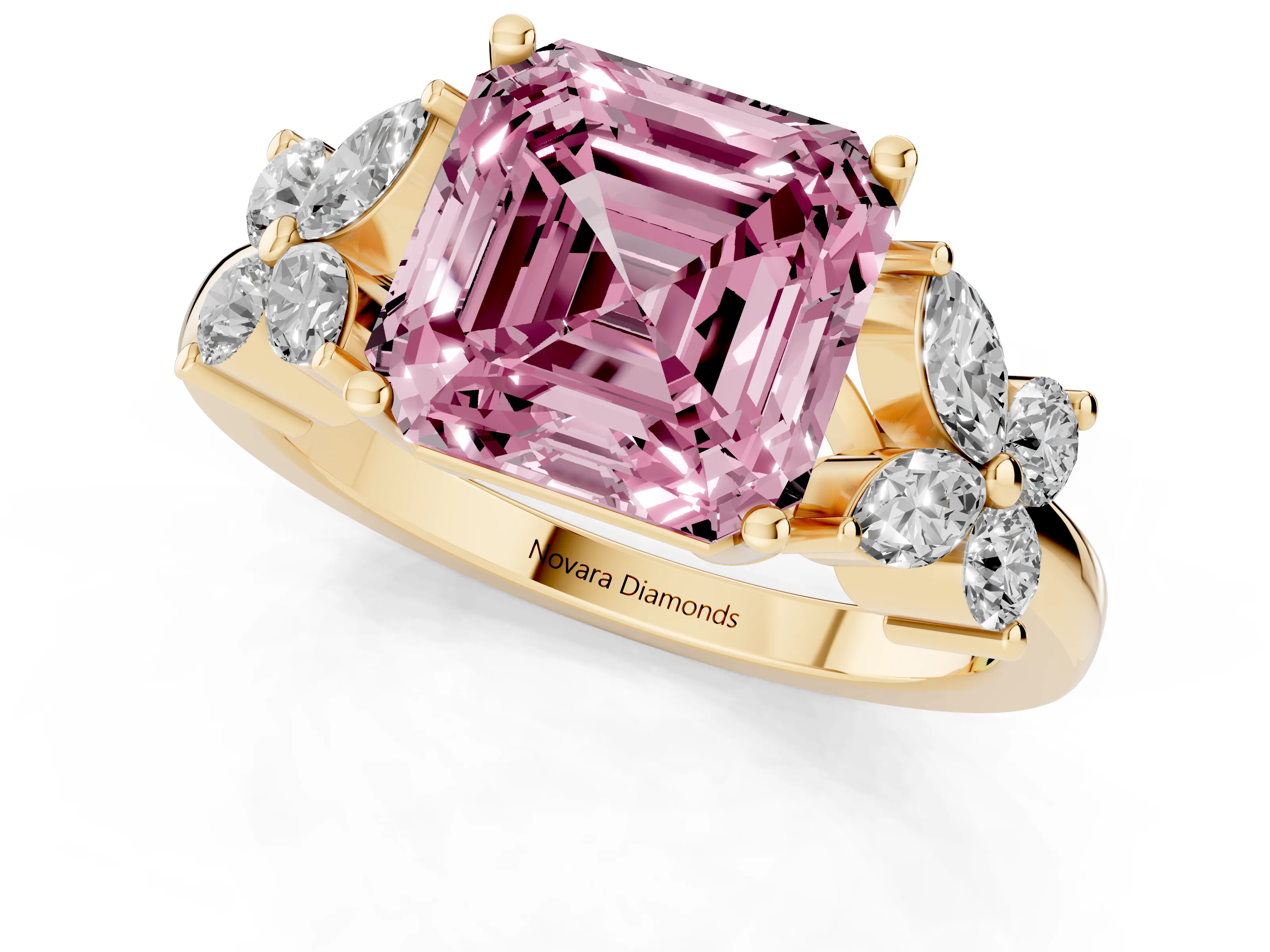 Fancy Pink Princess Cut Diamond Floral Cluster Ring Set in Yellow gold with Marquise Petals and Prong Setting