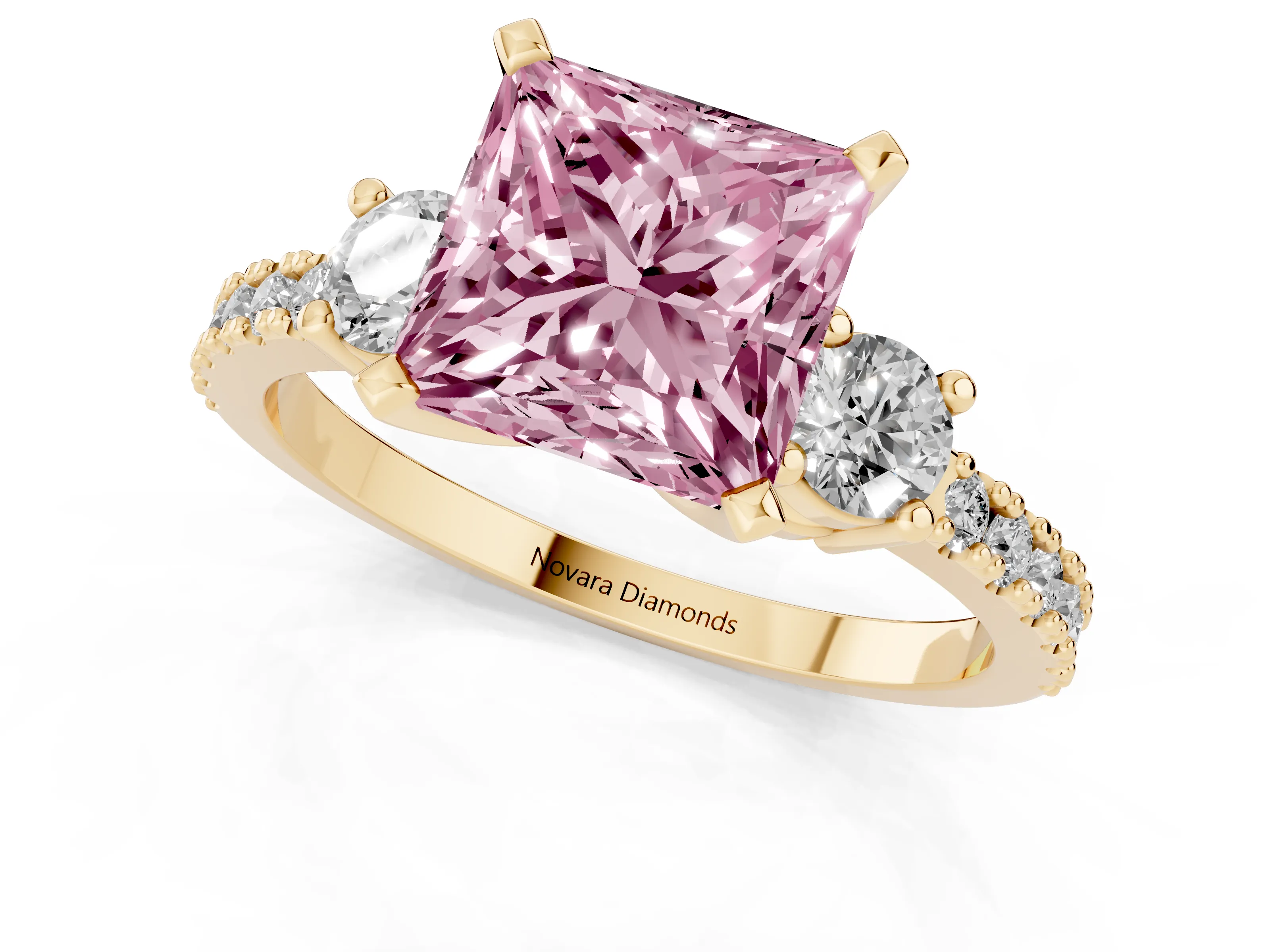 Fancy Pink Three-Stone Princess Cut Diamond Pavé Band Ring Set in Yellow gold with Prong Setting