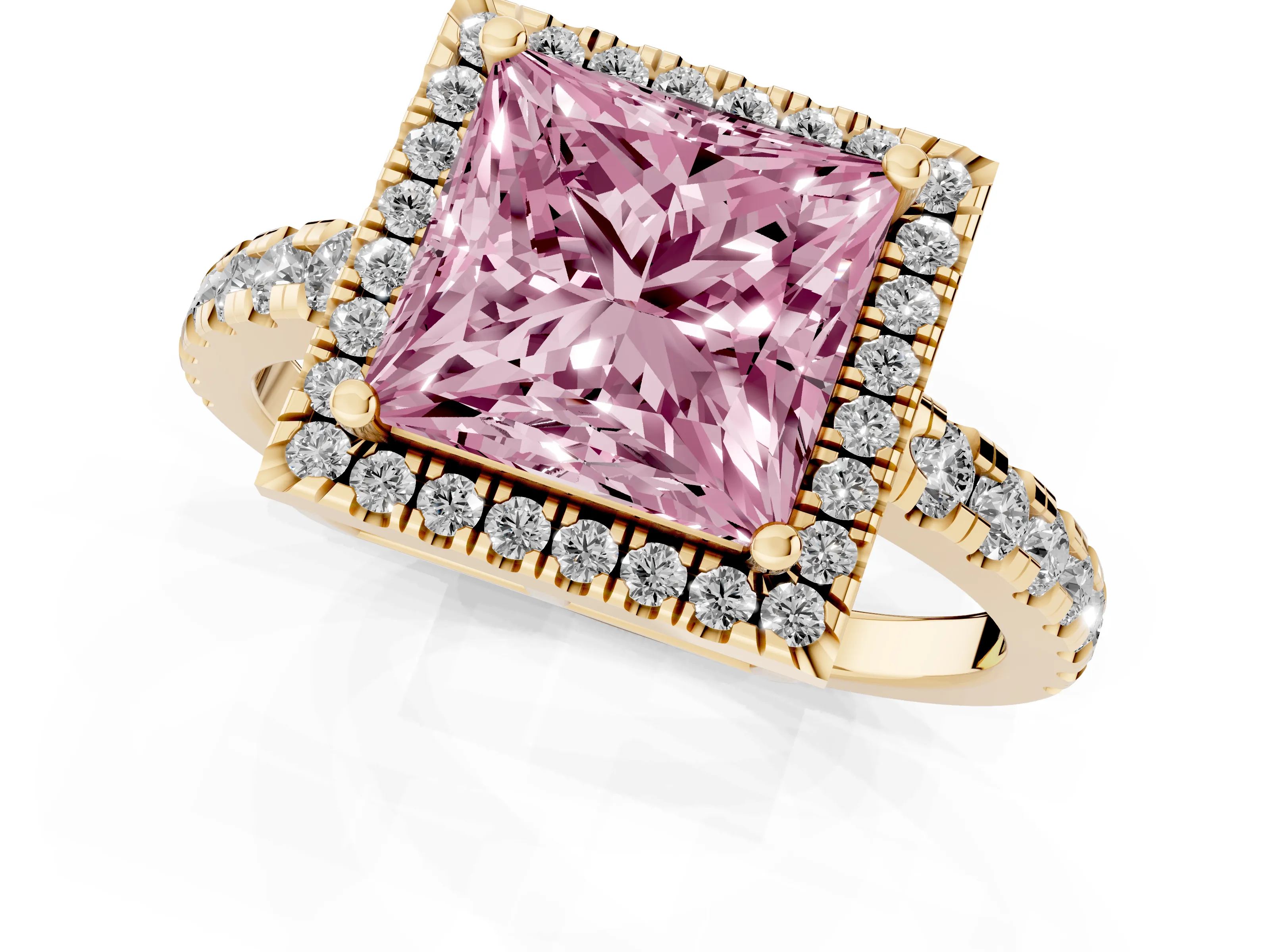 Fancy Pink Princess Cut Diamond Halo Ring Set in Yellow gold with Delicate Pavé Band and Prong Setting