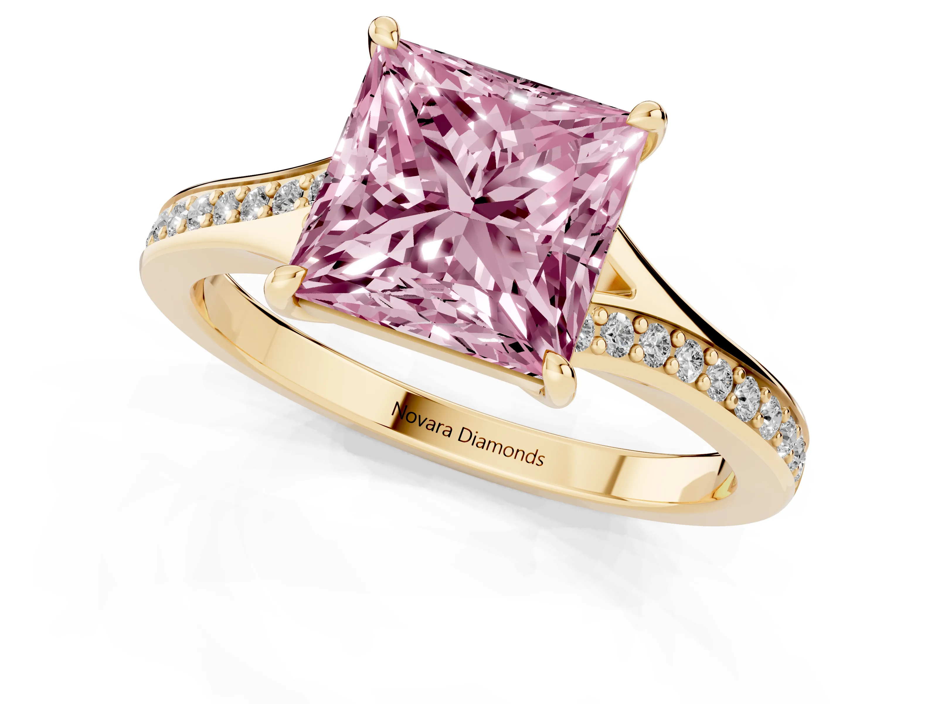 Fancy Pink Princess Cut Diamond Solitaire Ring Set in Yellow gold with Pavé Accent Band and Classic Prong Setting