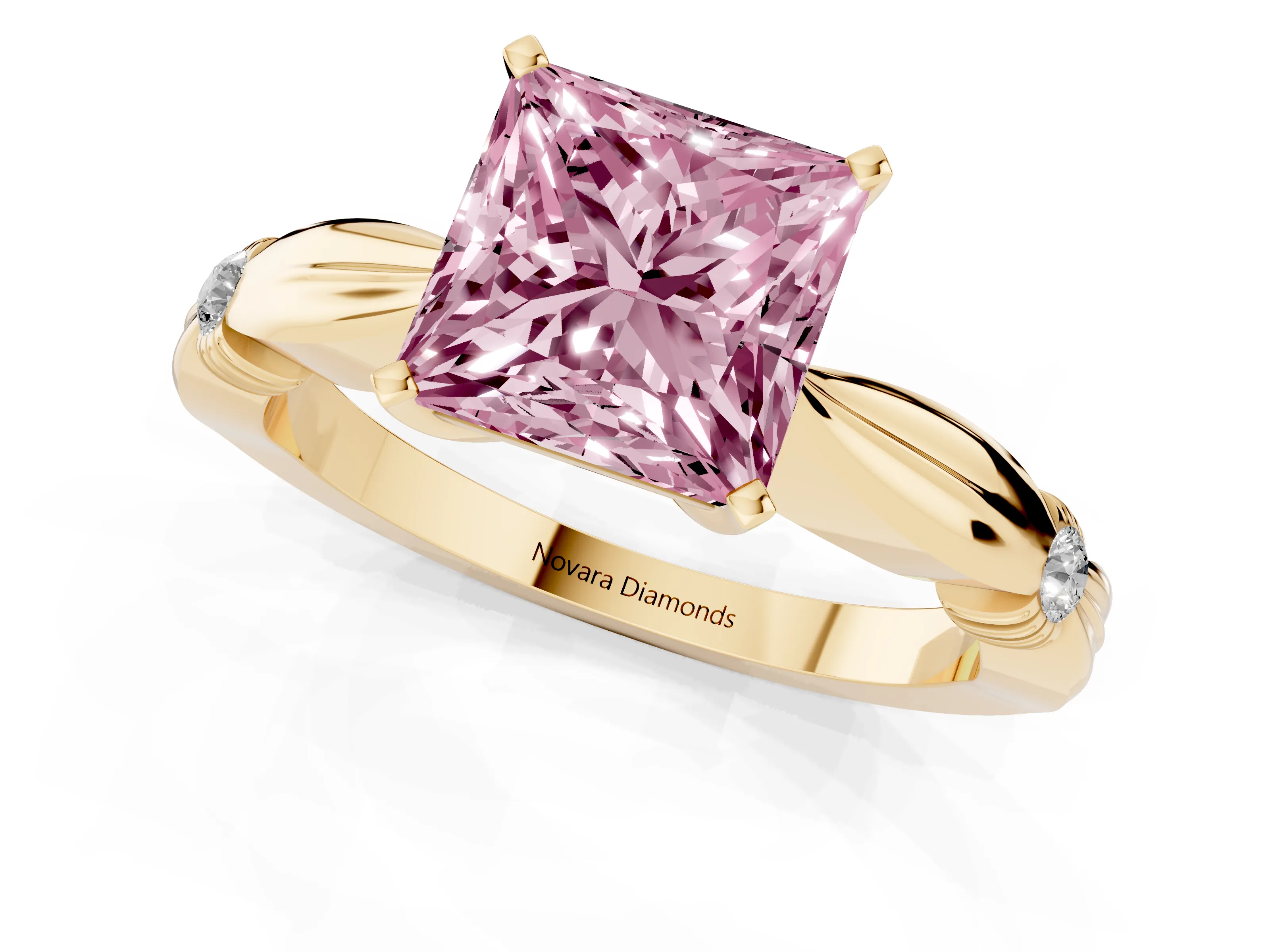 Fancy Pink Princess Cut Diamond Solitaire Twisted Band Ring Set in Yellow gold with Accent Stones and Prong Setting – second view