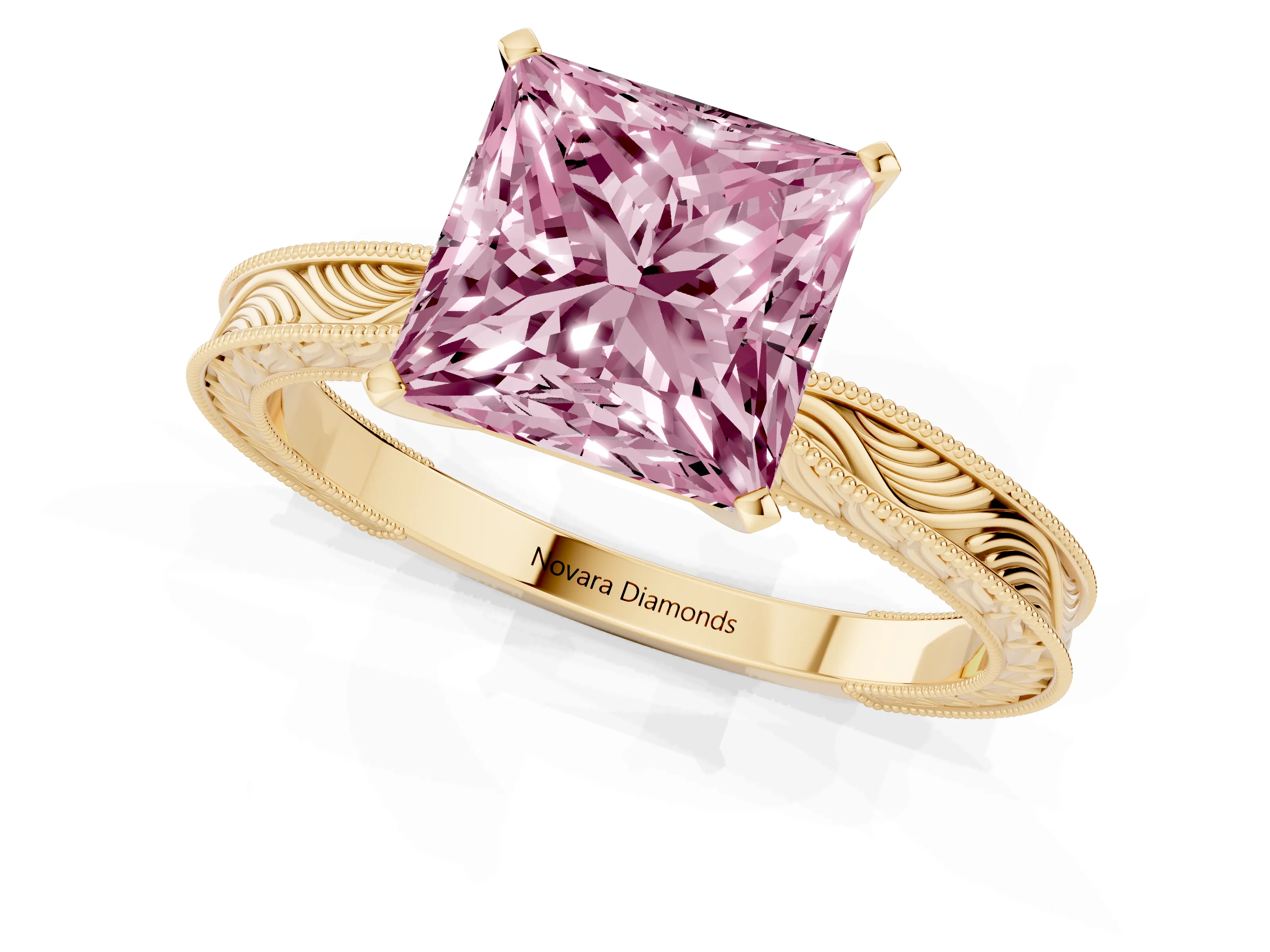 Fancy Pink Princess Cut Diamond Solitaire Milgrain Engraved Band Set in Yellow gold with Prong Setting