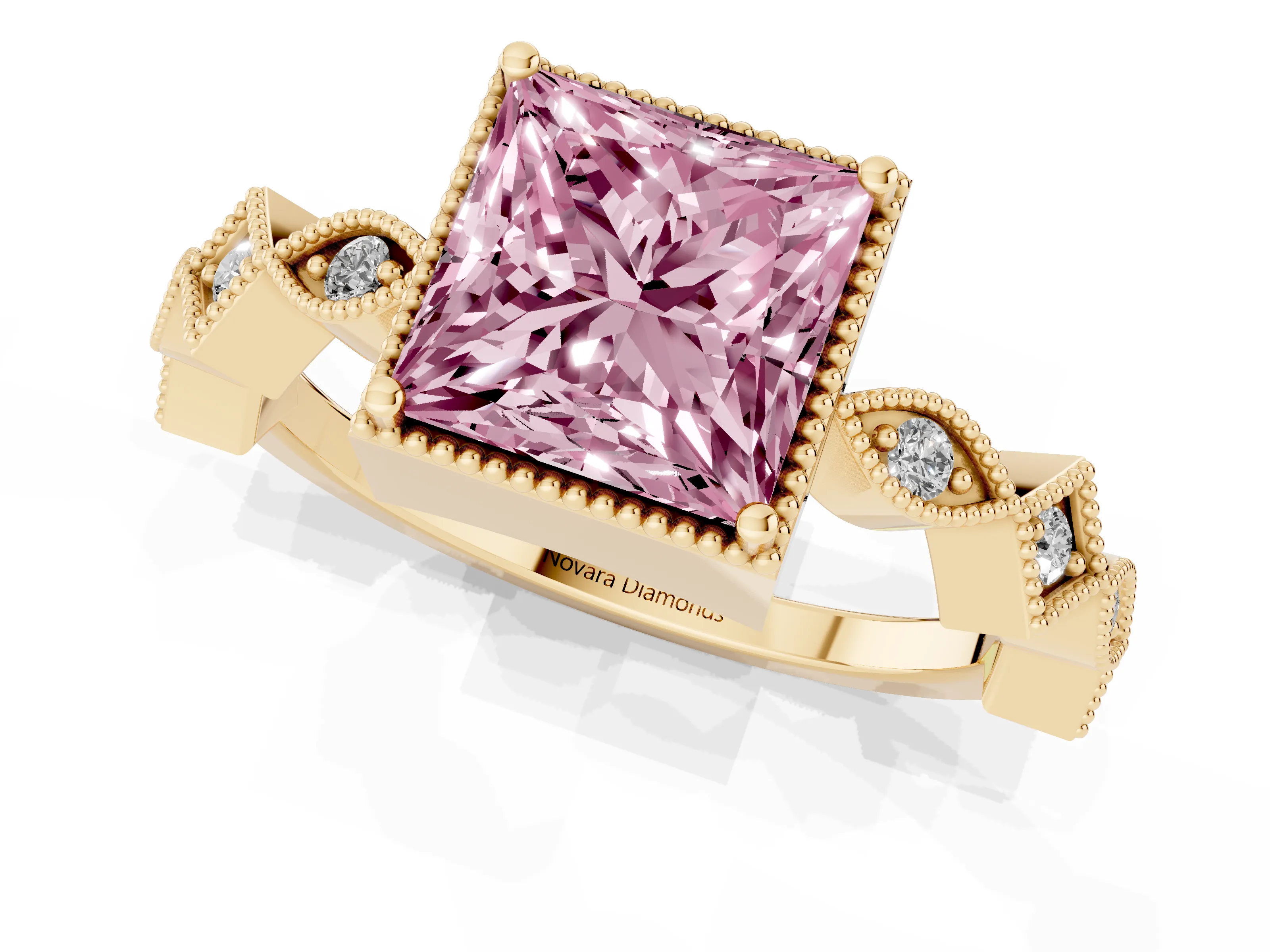 Fancy Pink Princess Cut Diamond Milgrain Marquise Twist Band Ring Set in Yellow gold with Prong Setting