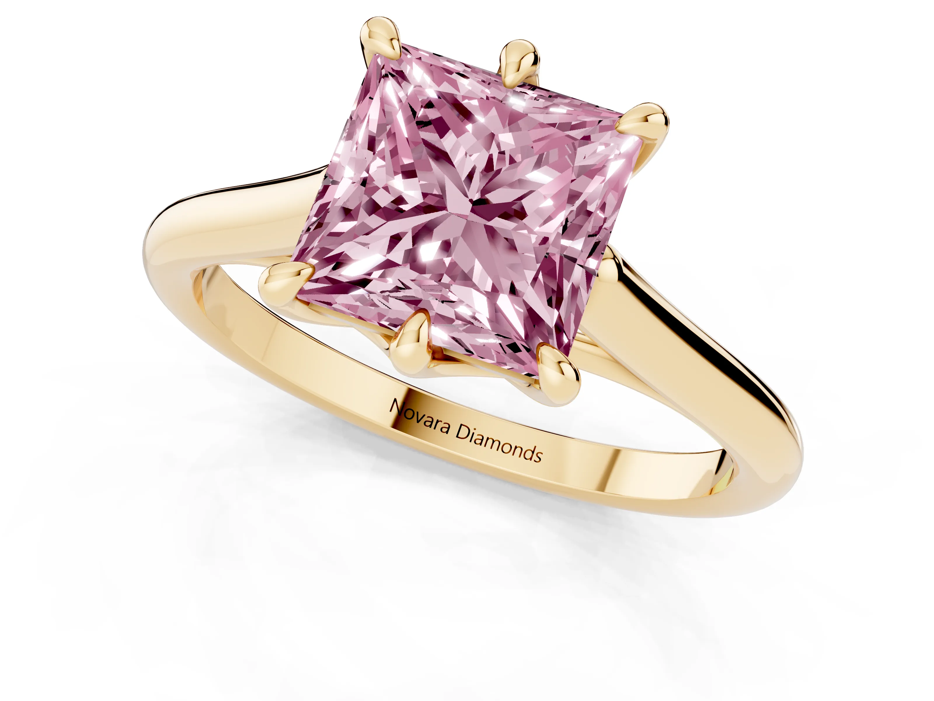 Fancy Pink Princess Cut Diamond Solitaire Engagement Ring Set in Yellow gold with Prong Setting and Plain Classic Band