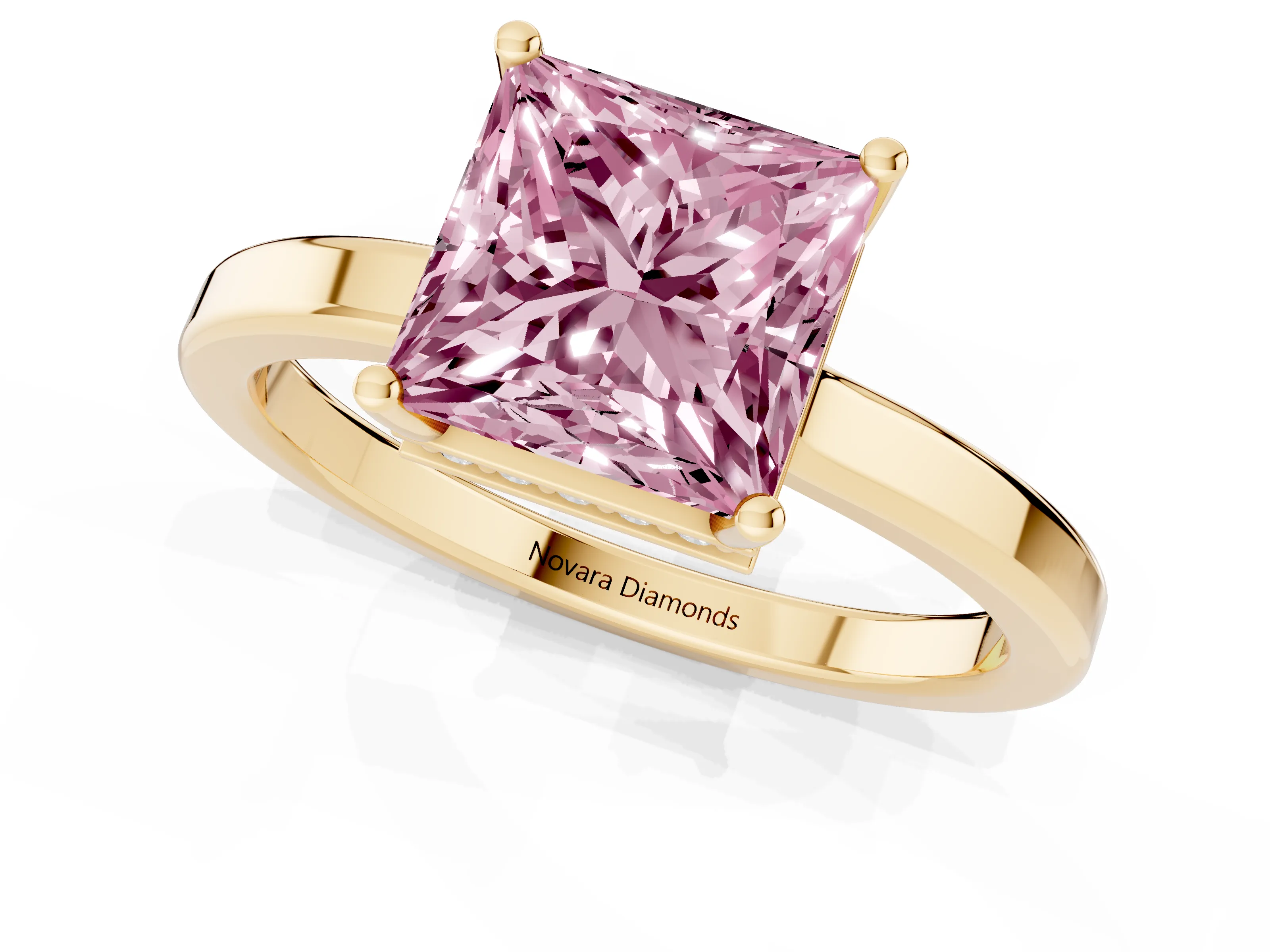 Fancy Pink Princess Cut Diamond Solitaire Engagement Ring Set in Yellow gold with Prong Setting on a Plain Band
