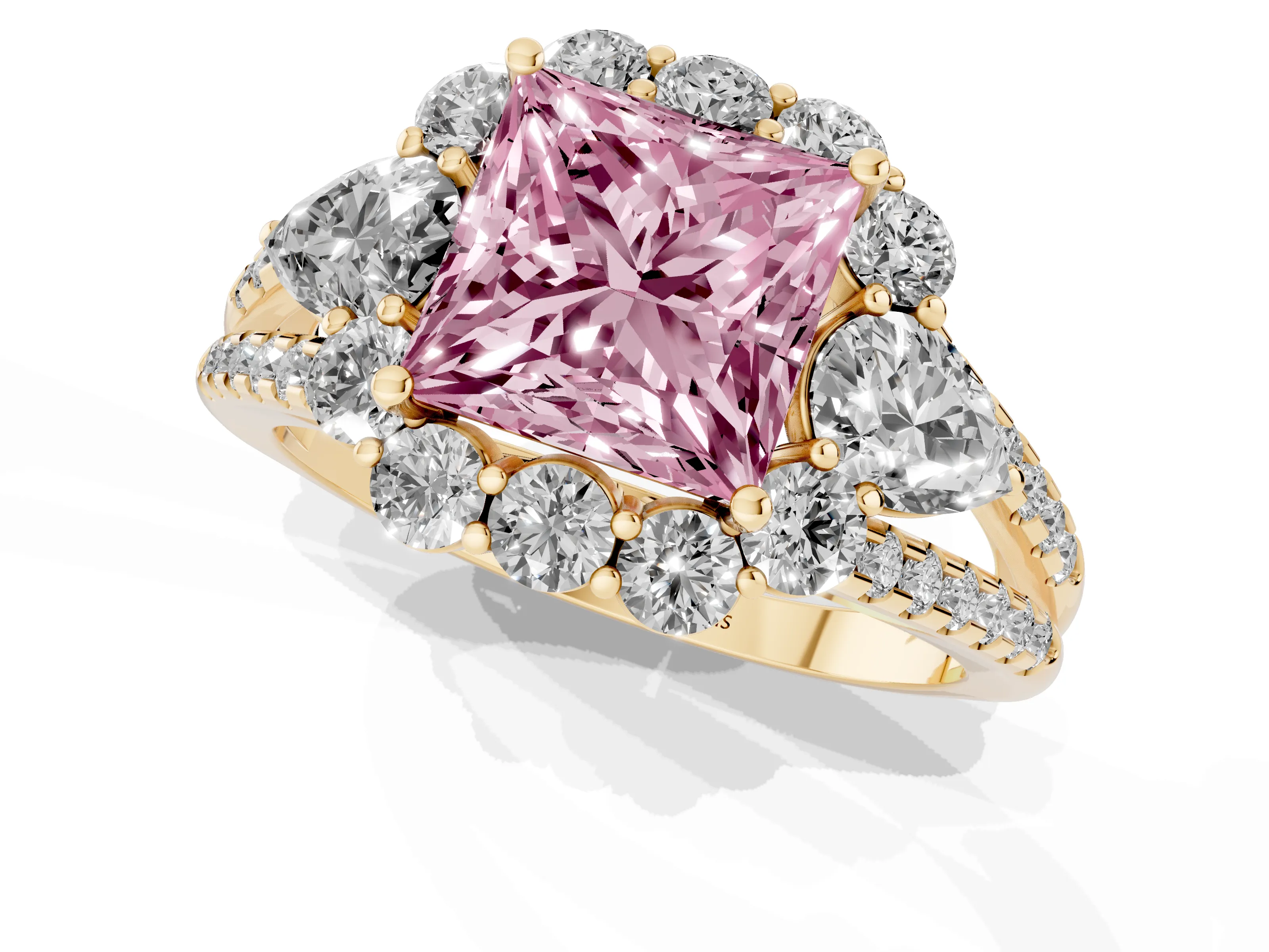 Fancy Pink Princess Cut Diamond Halo Split Shank Engagement Ring Set in Yellow gold with Prong-Held Center Stone