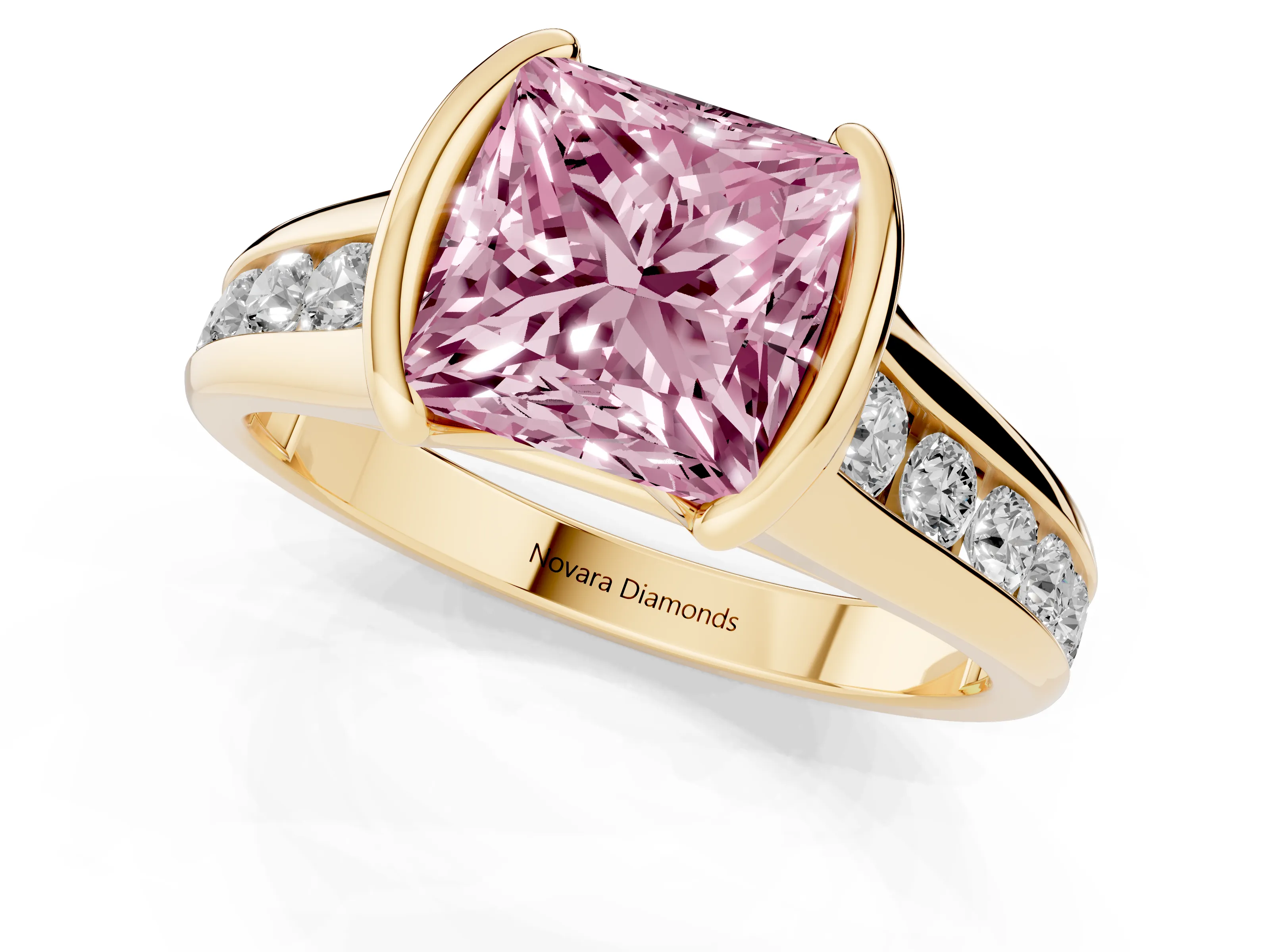 Fancy Pink Princess Cut Diamond Bezel-Set Solitaire Ring Set in Yellow gold with Channel-Set Band