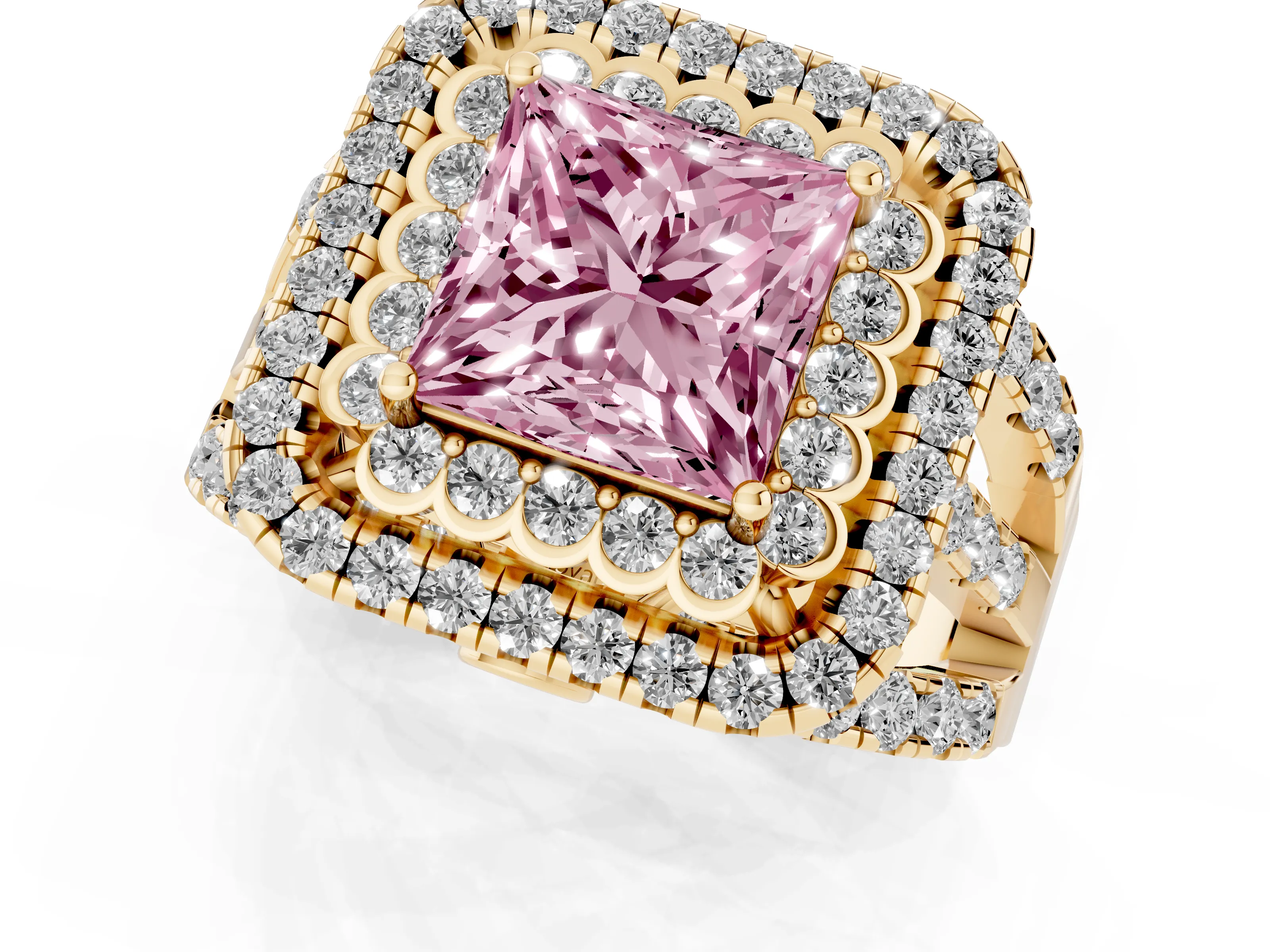 Fancy Pink Princess Cut Diamond Double Halo Ring Set in Yellow gold with Round Pavé Split Shank