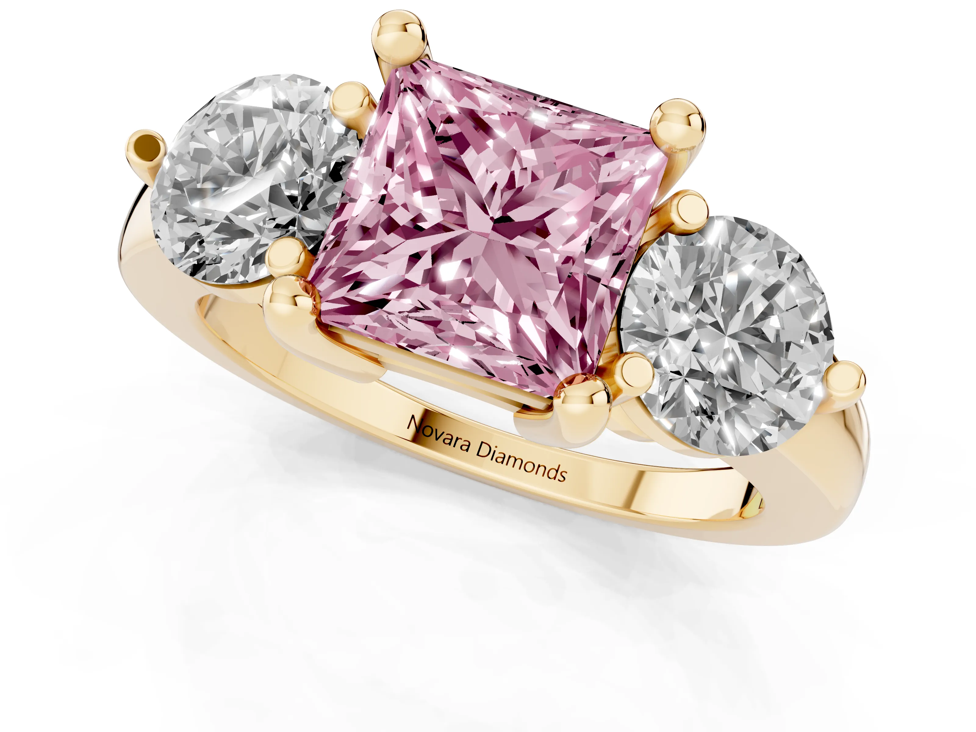 Fancy Pink Princess Cut Diamond Three-Stone Ring Set in Yellow gold with Prong Setting and Classic Band