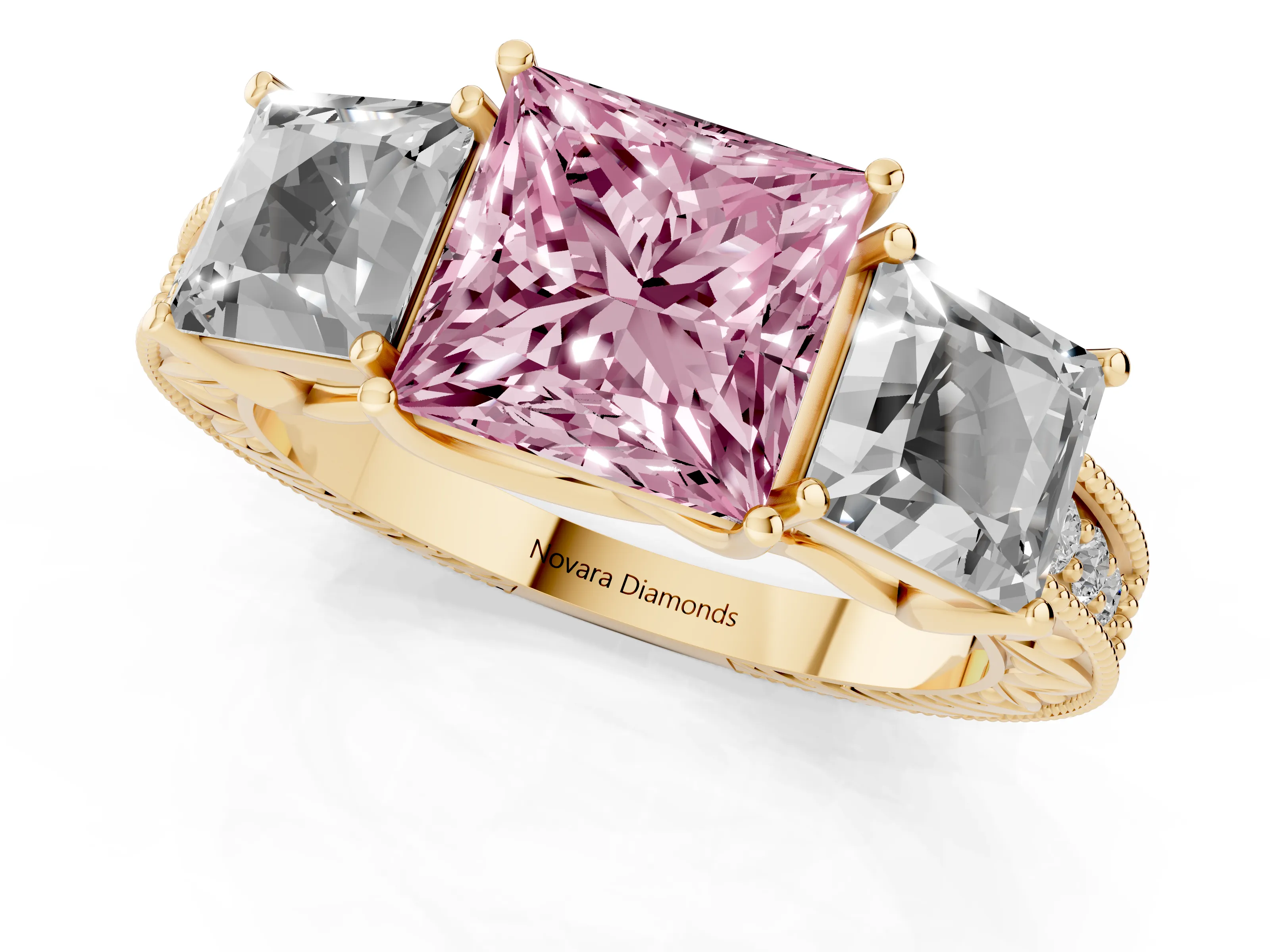 Fancy Pink Princess Cut Diamond Three-Stone Engagement Ring Set in Yellow gold with Milgrain Pavé Band