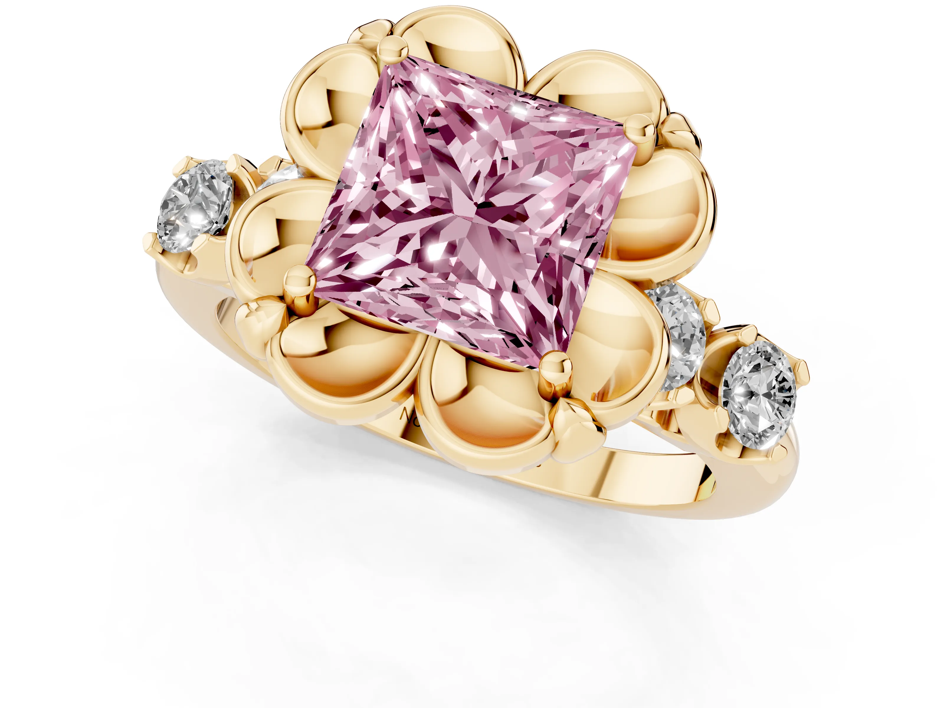 Fancy Pink Princess Cut Diamond Floral Halo Ring Set in Yellow gold with Shared Prong Band