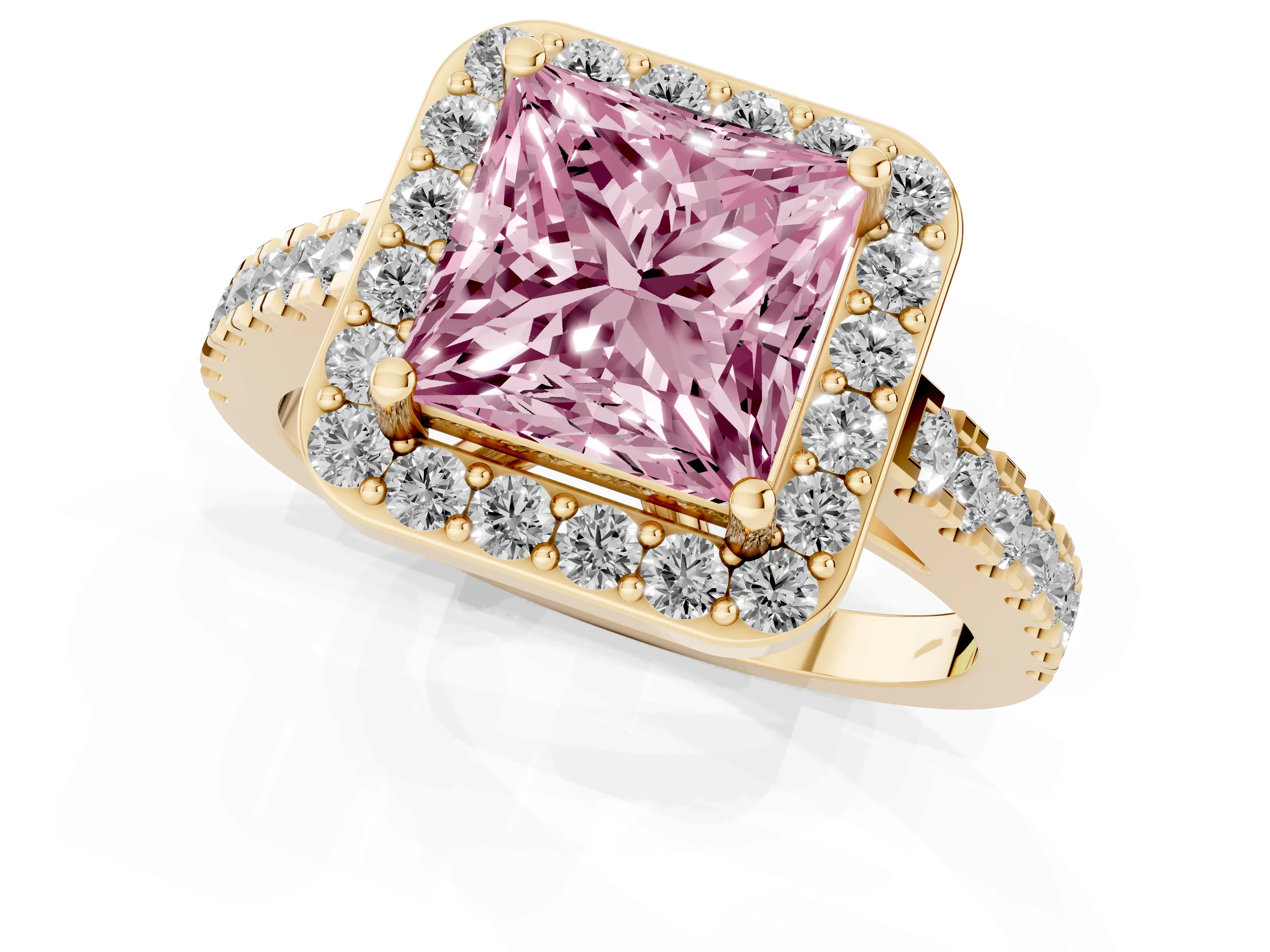 Fancy Pink Princess Cut Diamond Halo Ring Set in Yellow gold with Round Pavé Split Shank and Prong Setting