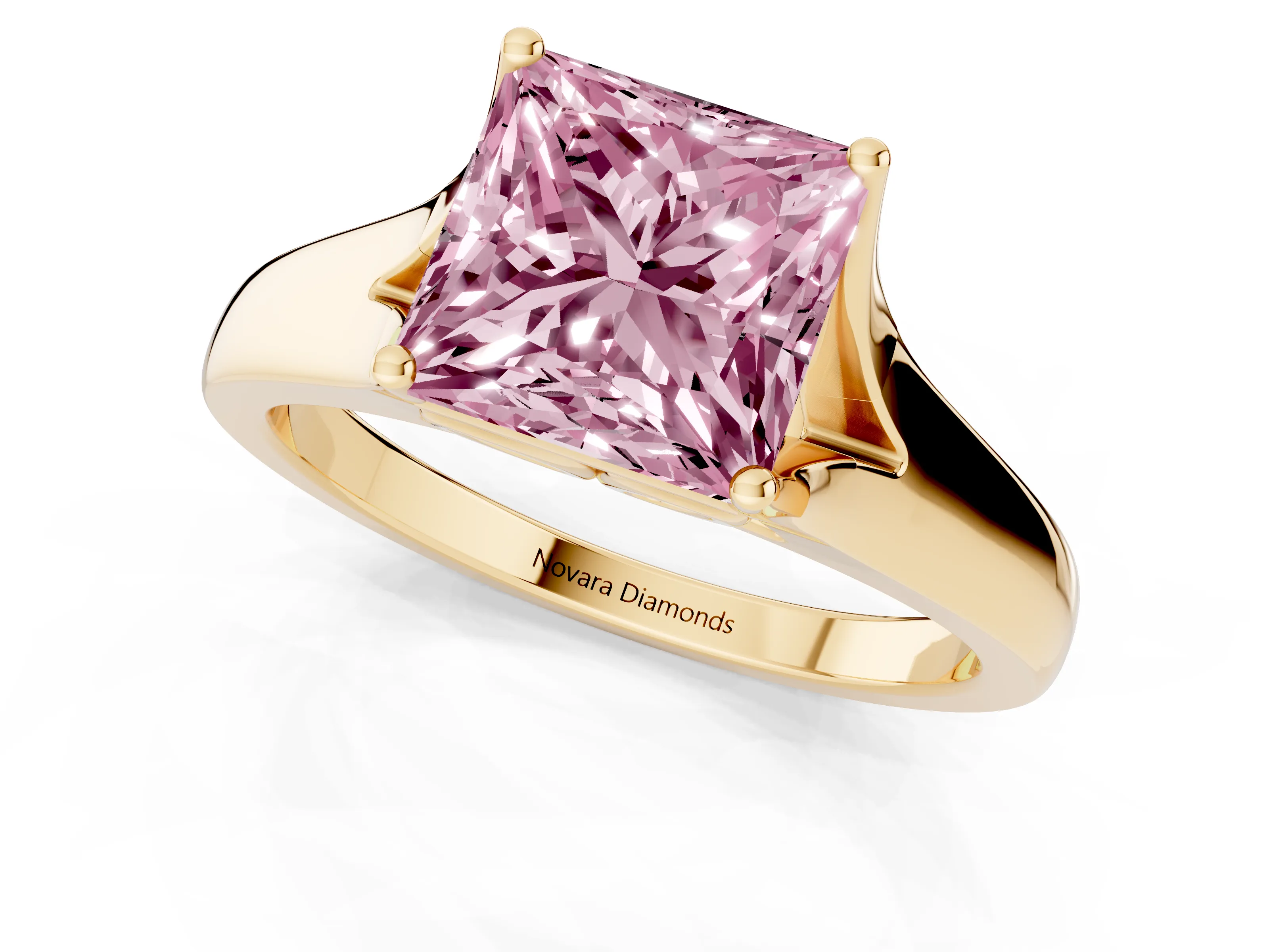 Fancy Pink Princess Cut Diamond Solitaire Ring Set in Yellow gold with Arched Cathedral Band and Prong Setting