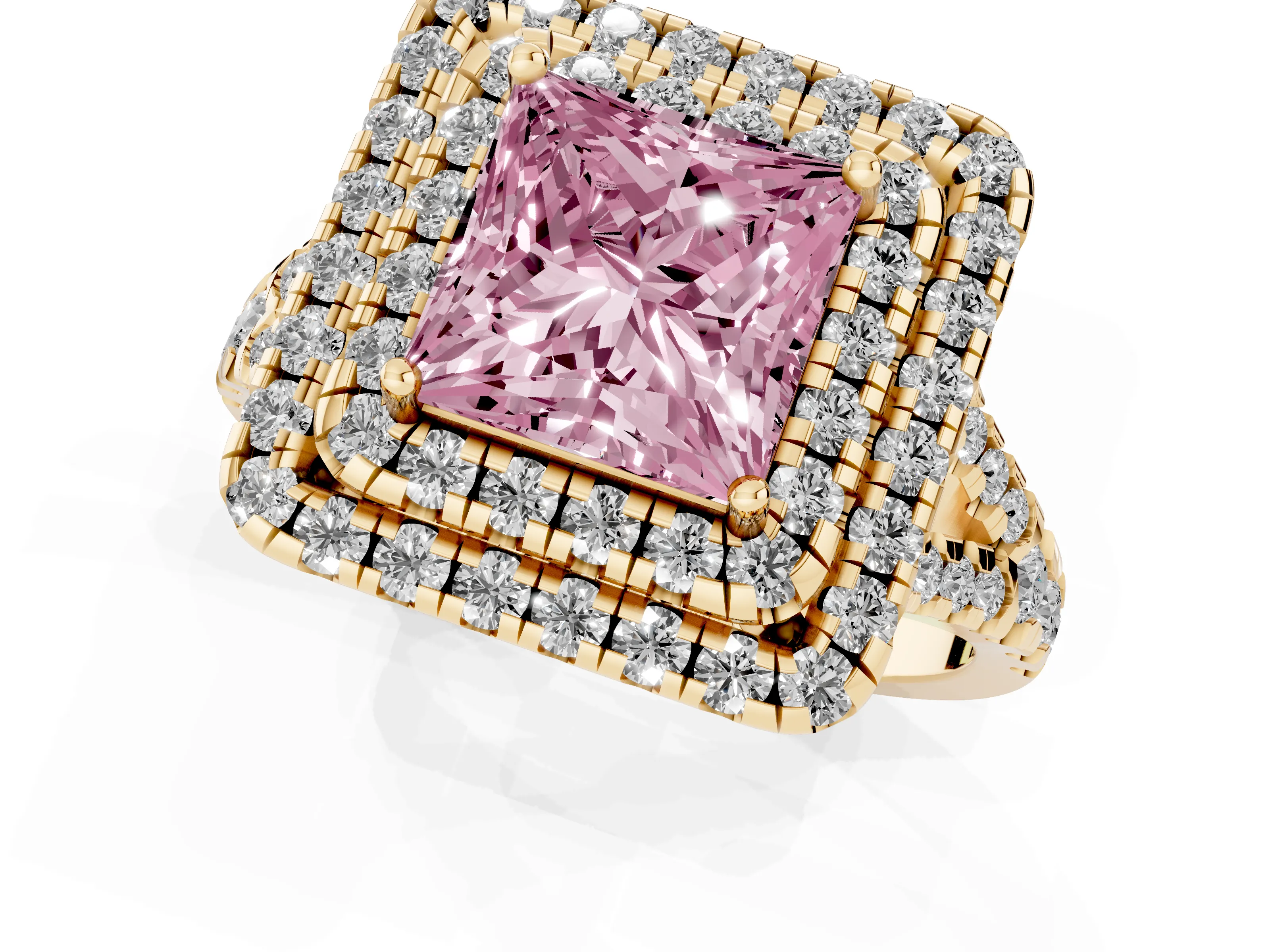 Fancy Pink Princess Cut Diamond Double Halo Ring Set in Yellow gold with Pavé Split Shank and Prong Setting – second view