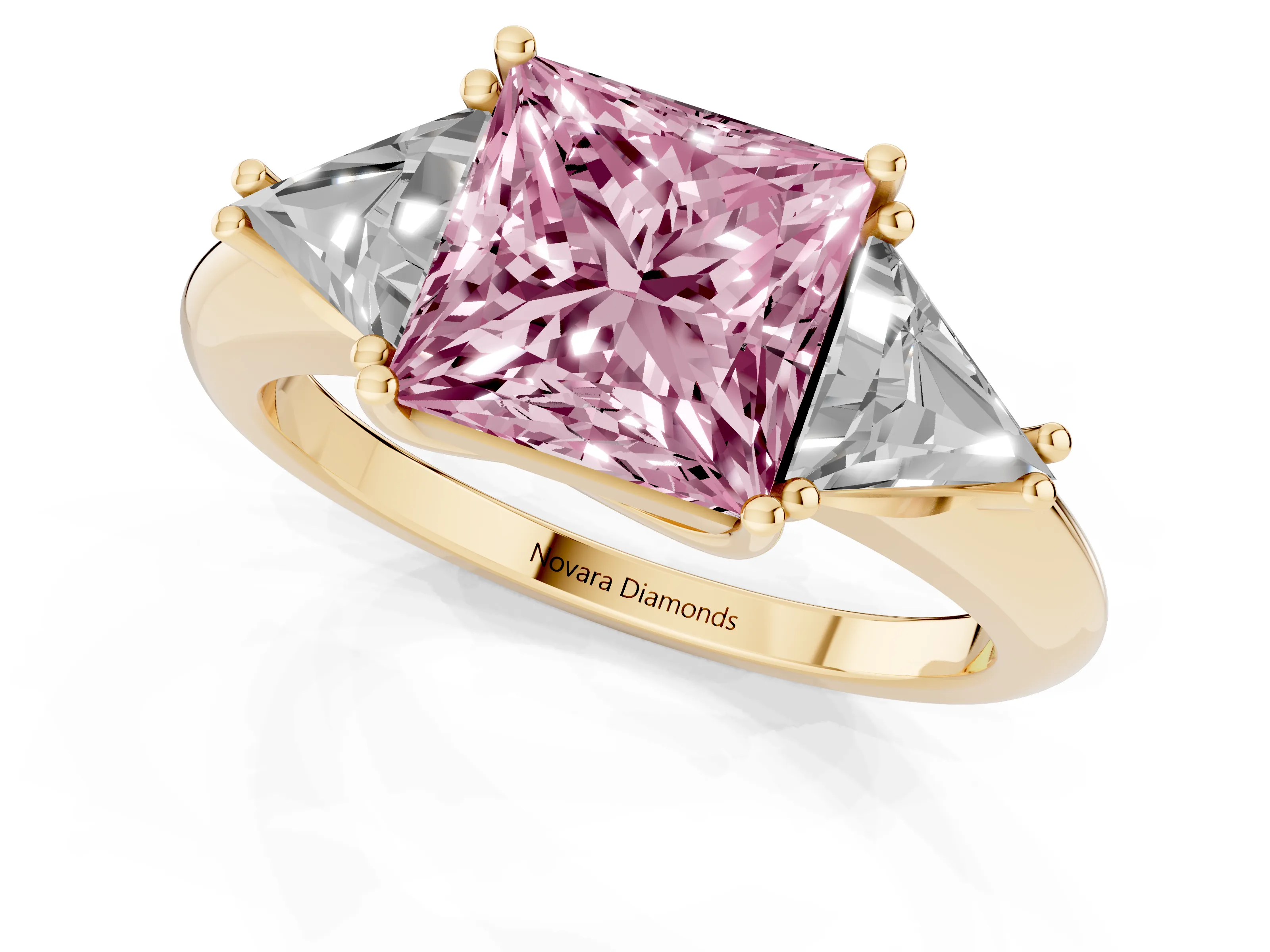 Fancy Pink Princess Cut Diamond Three-Stone Engagement Ring Set in Yellow gold with Trillion Side Stones