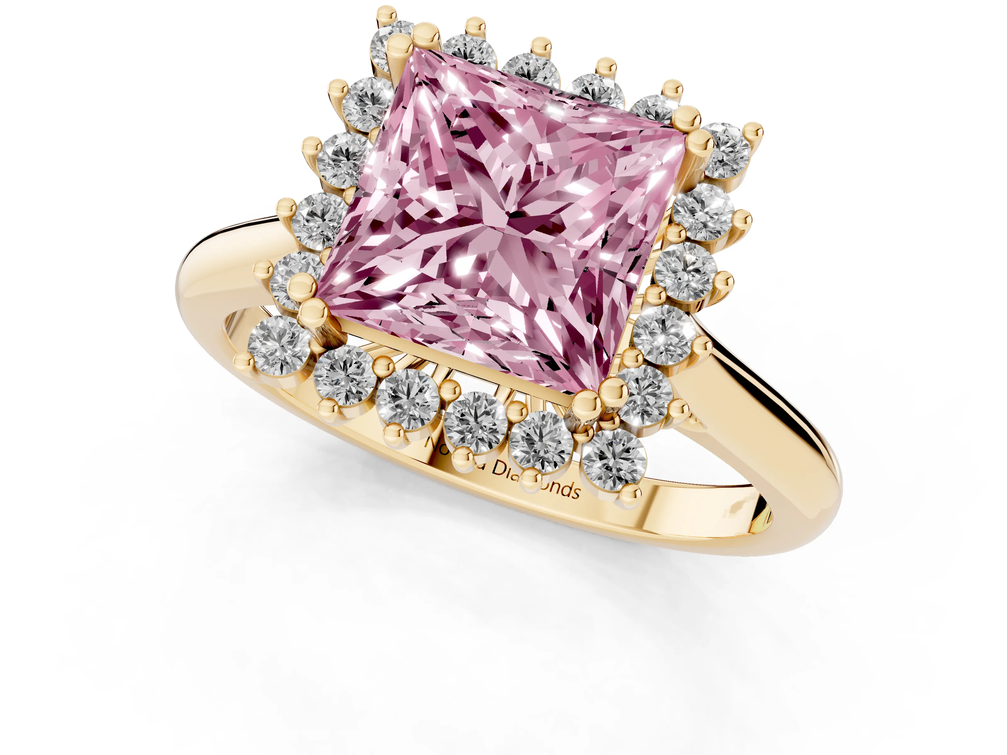 Fancy Pink Princess Cut Diamond Halo Ring Set in Yellow gold with Plain Solitaire Band and Prong Setting