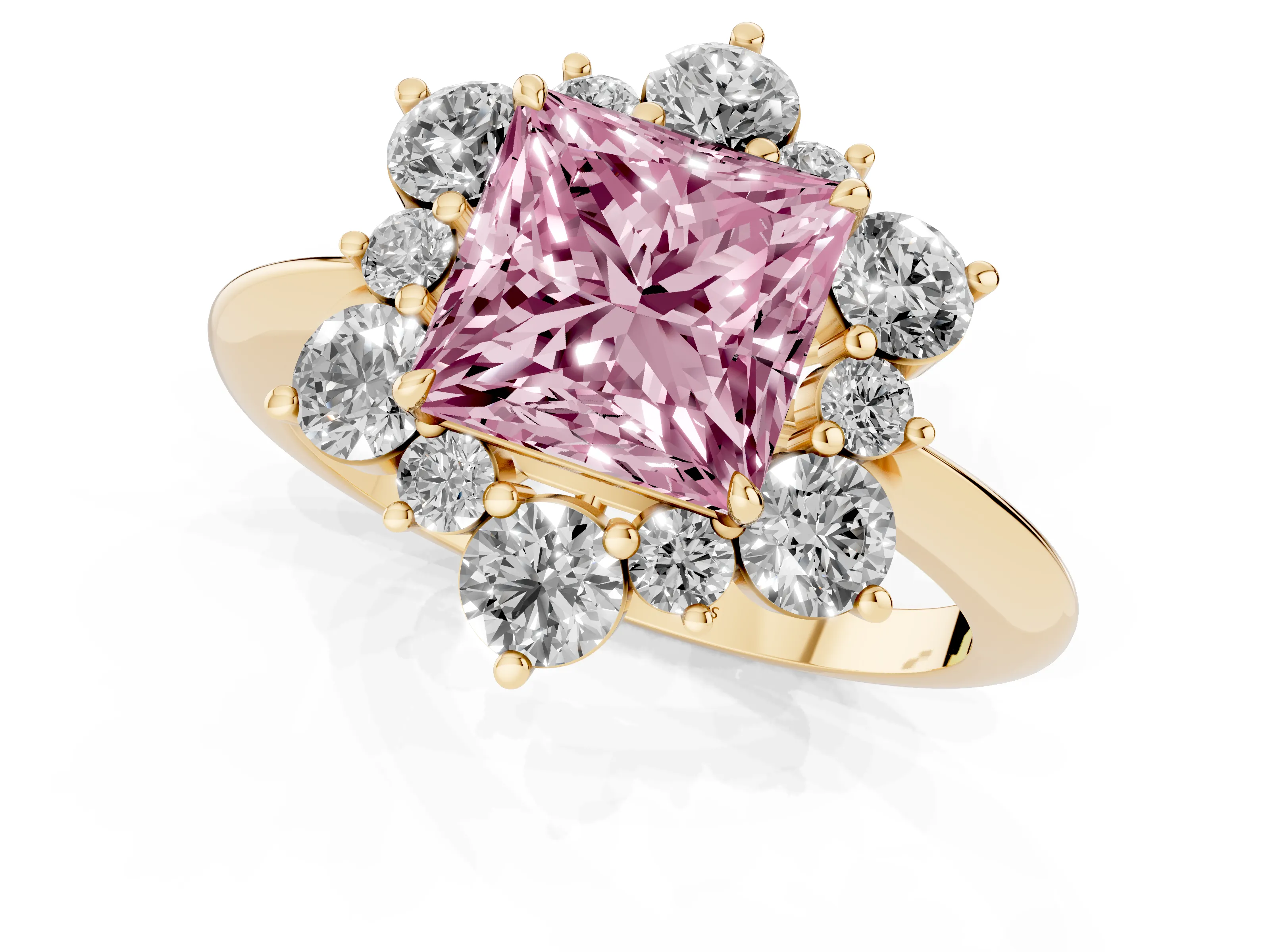 Fancy Pink Princess Cut Diamond Cluster Halo Ring Set in Yellow gold with Solitaire Band and Prong Setting