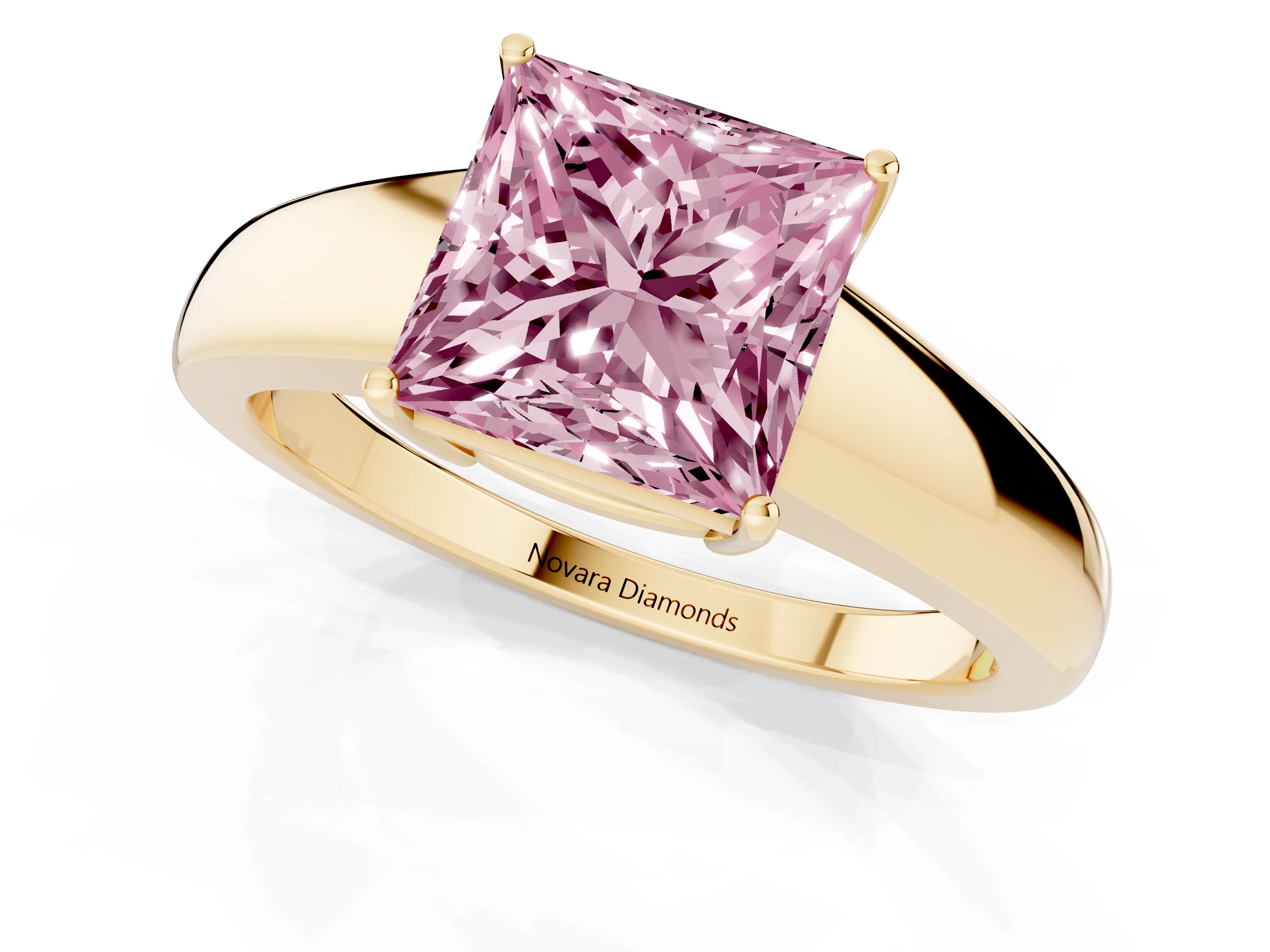 Fancy Pink Princess Cut Diamond Solitaire Ring Set in Yellow gold with Tapered Band and Prong Setting