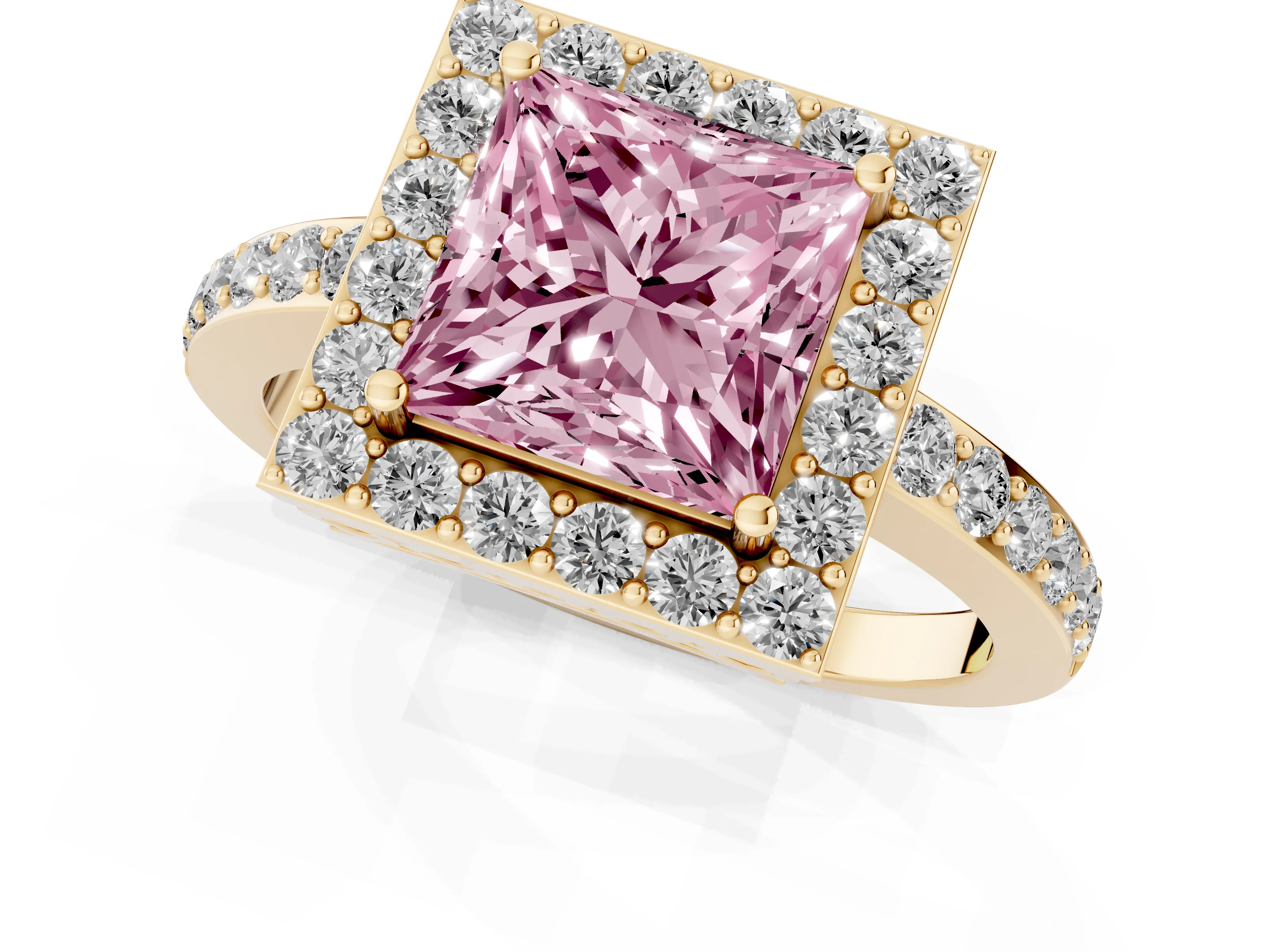 Fancy Pink Princess Cut Diamond Halo Ring Set in Yellow gold with Pavé-Setting Band and Open Prong Center
