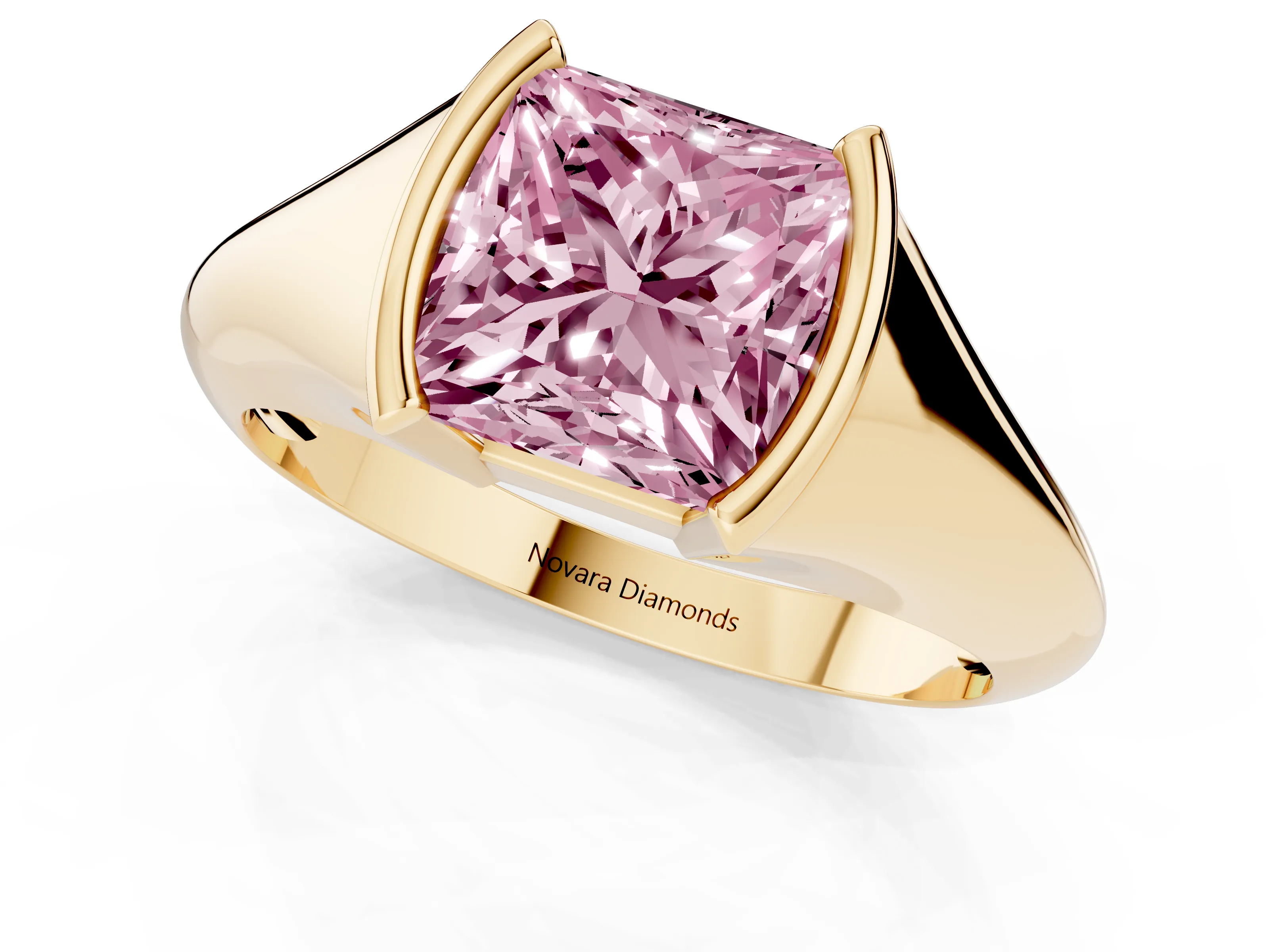 Fancy Pink Princess Cut Diamond Solitaire Tension Set Ring Set in Yellow gold