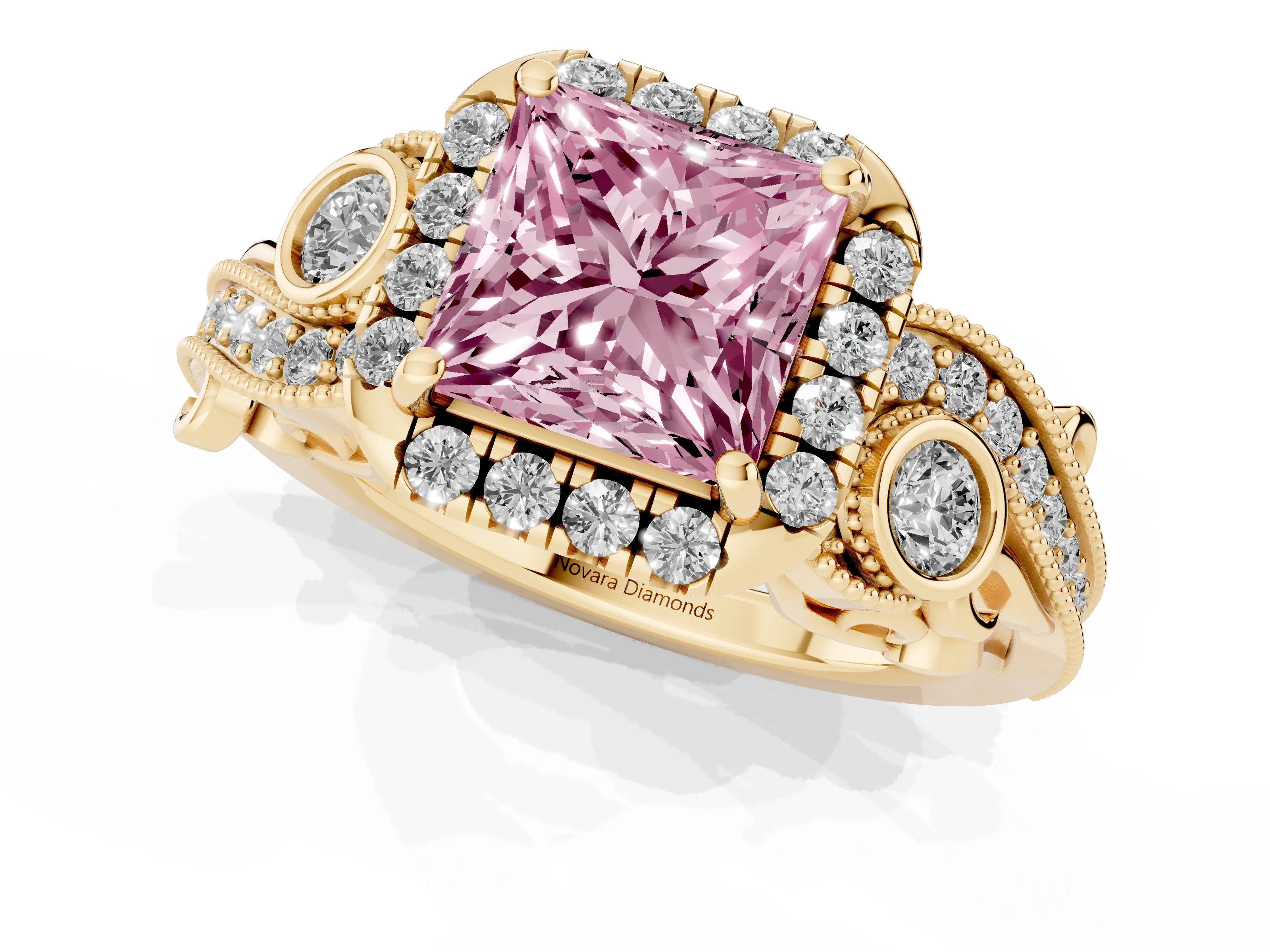Fancy Pink Princess Cut Diamond Halo Split Shank Ring Set in Yellow gold with Milgrain and Bezel Accents