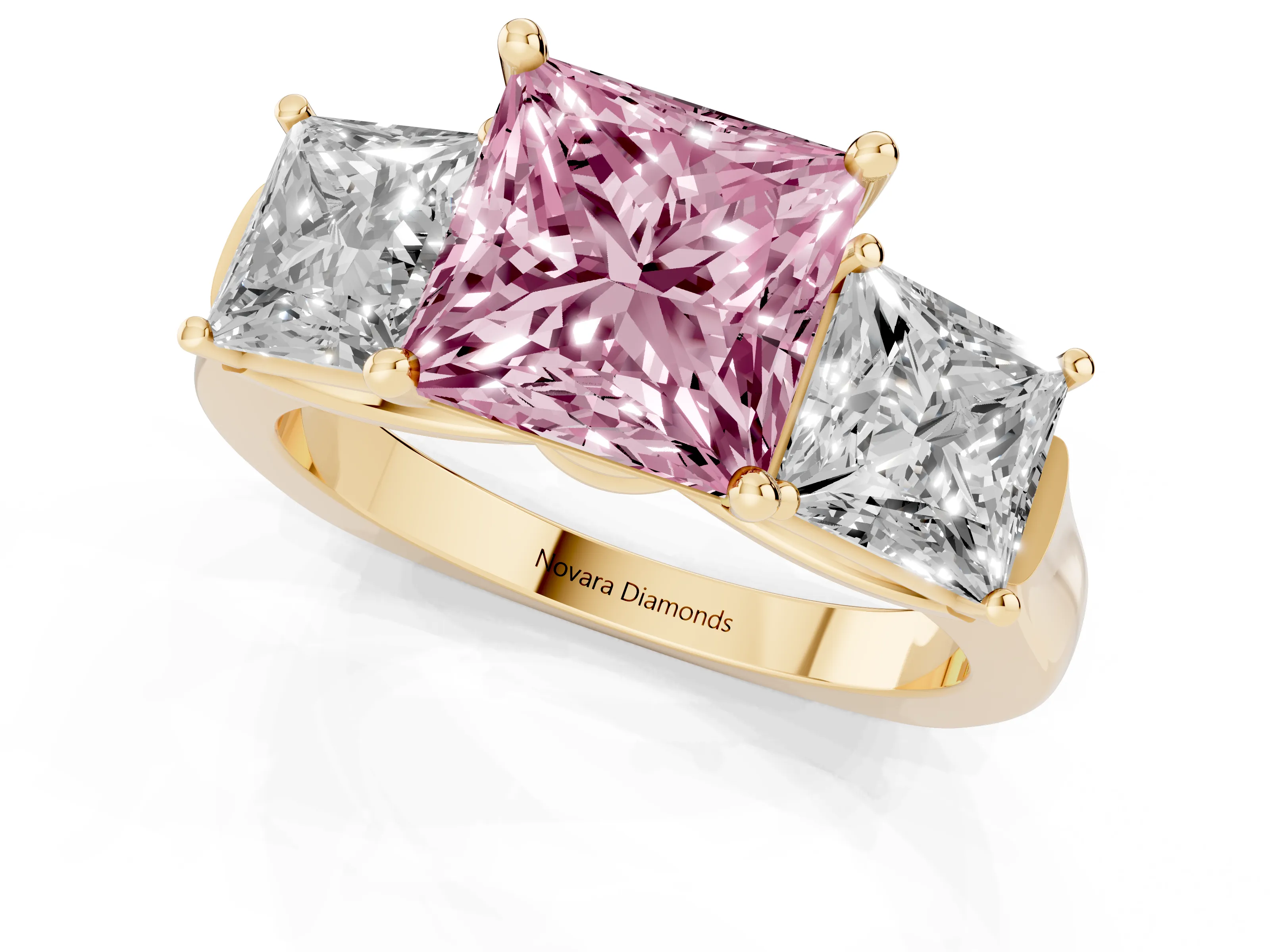 Fancy Pink Princess Cut Diamond Three-Stone Trellis Ring Set in Yellow gold with Comfort Fit Band